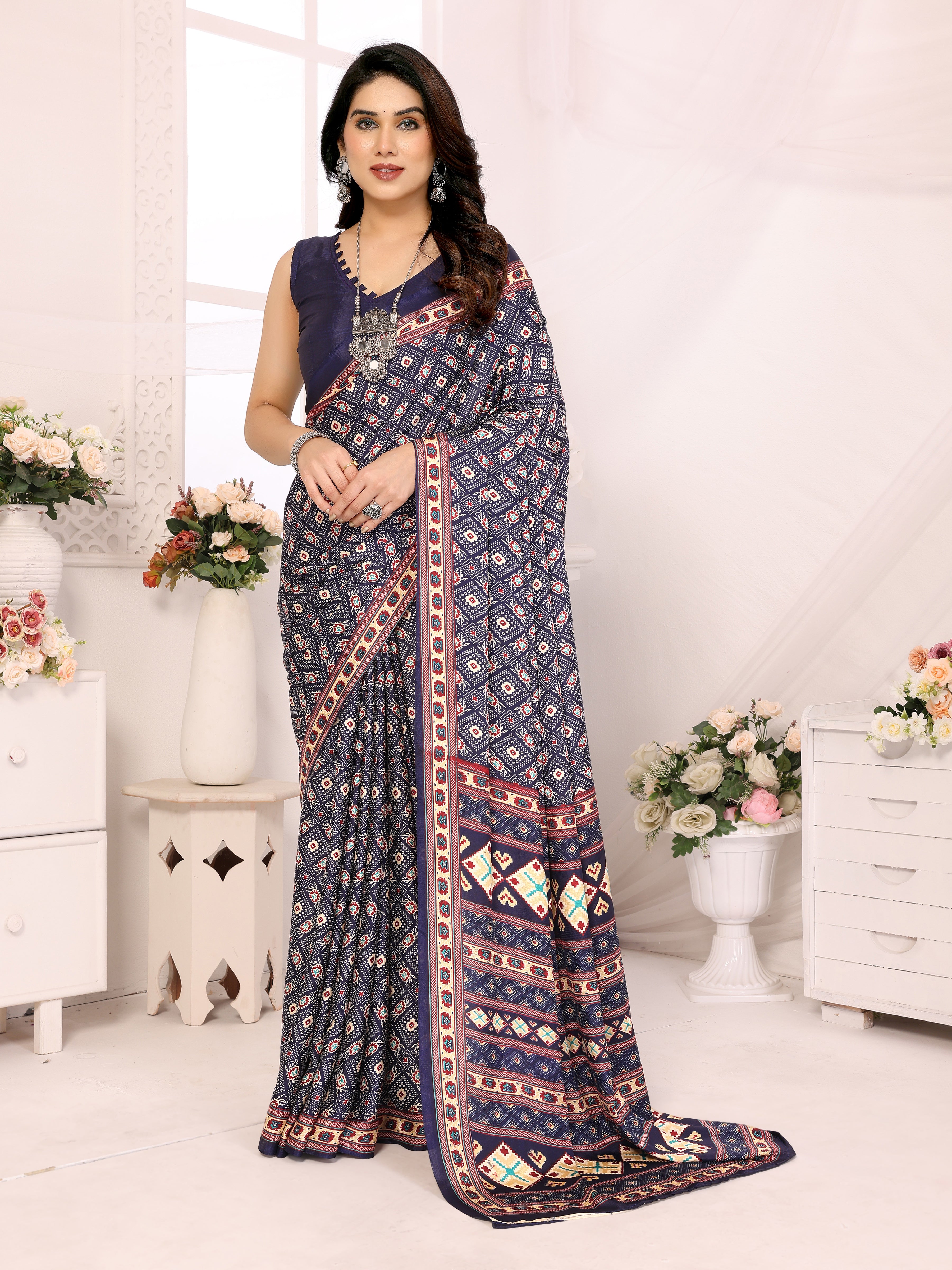 Ocean Blue Silk Crepe Printed Saree | Elegant Everyday Wear