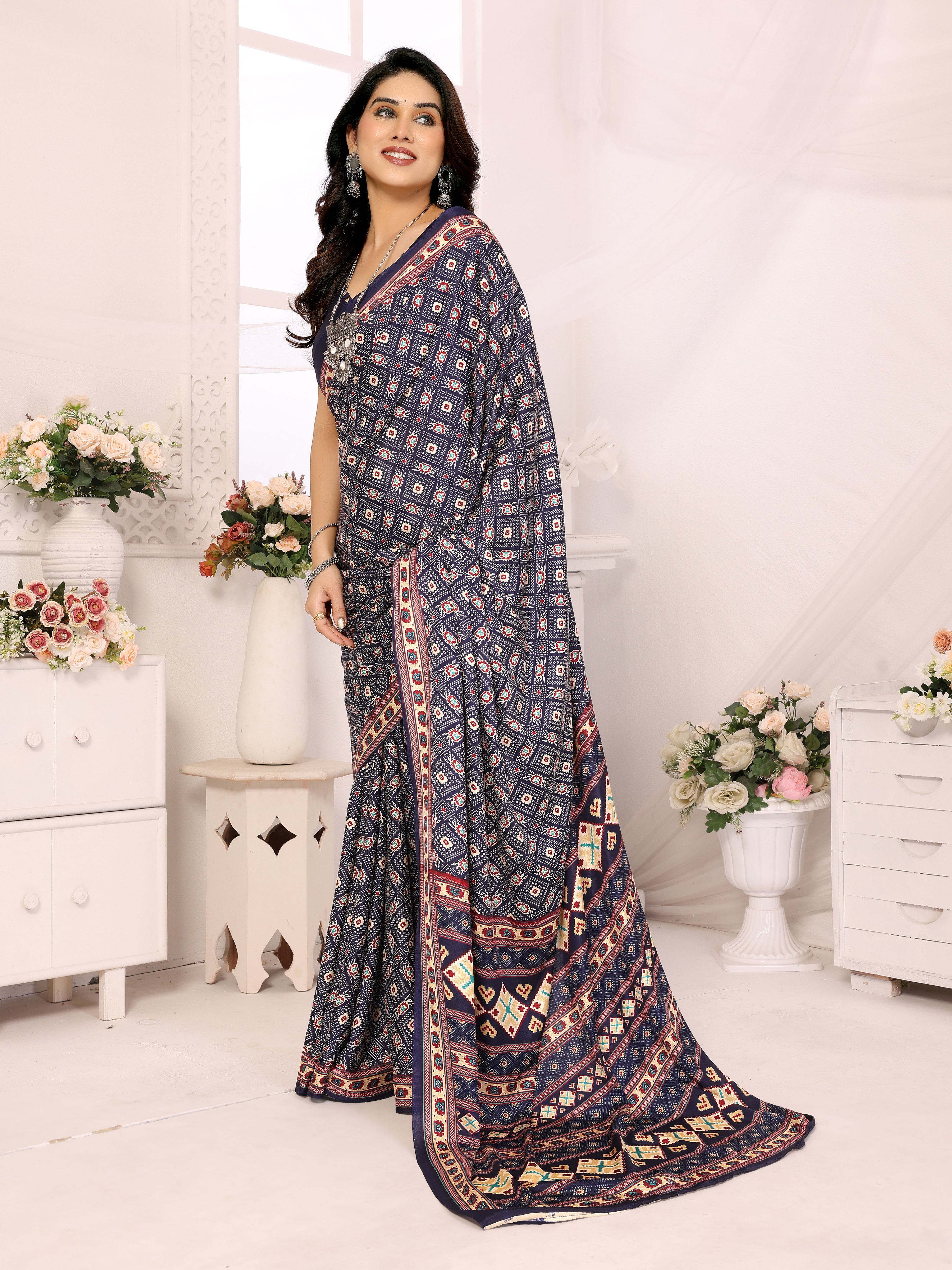 Ocean Blue Silk Crepe Printed Saree | Elegant Everyday Wear