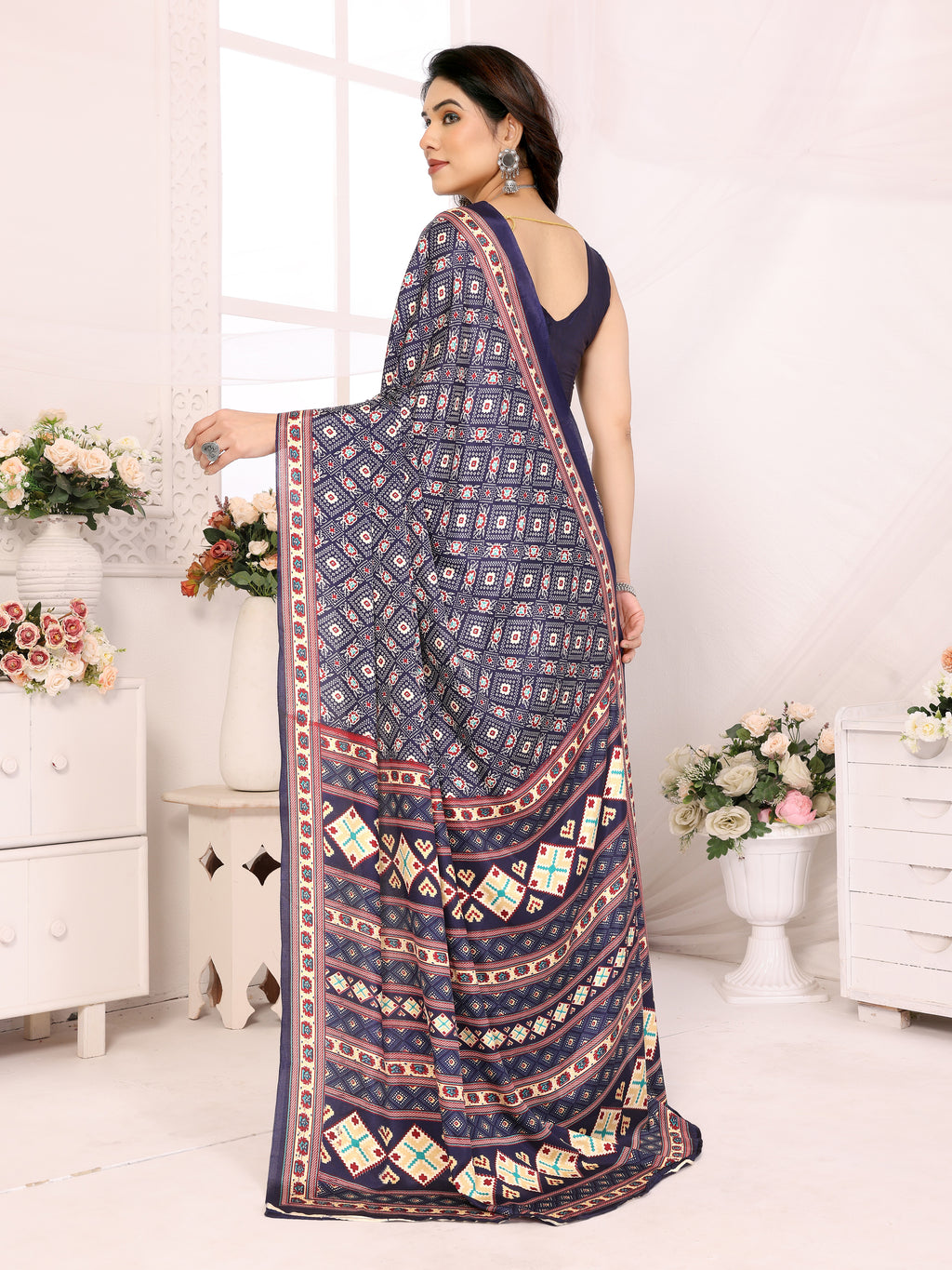 Ocean Blue Silk Crepe Printed Saree | Elegant Everyday Wear