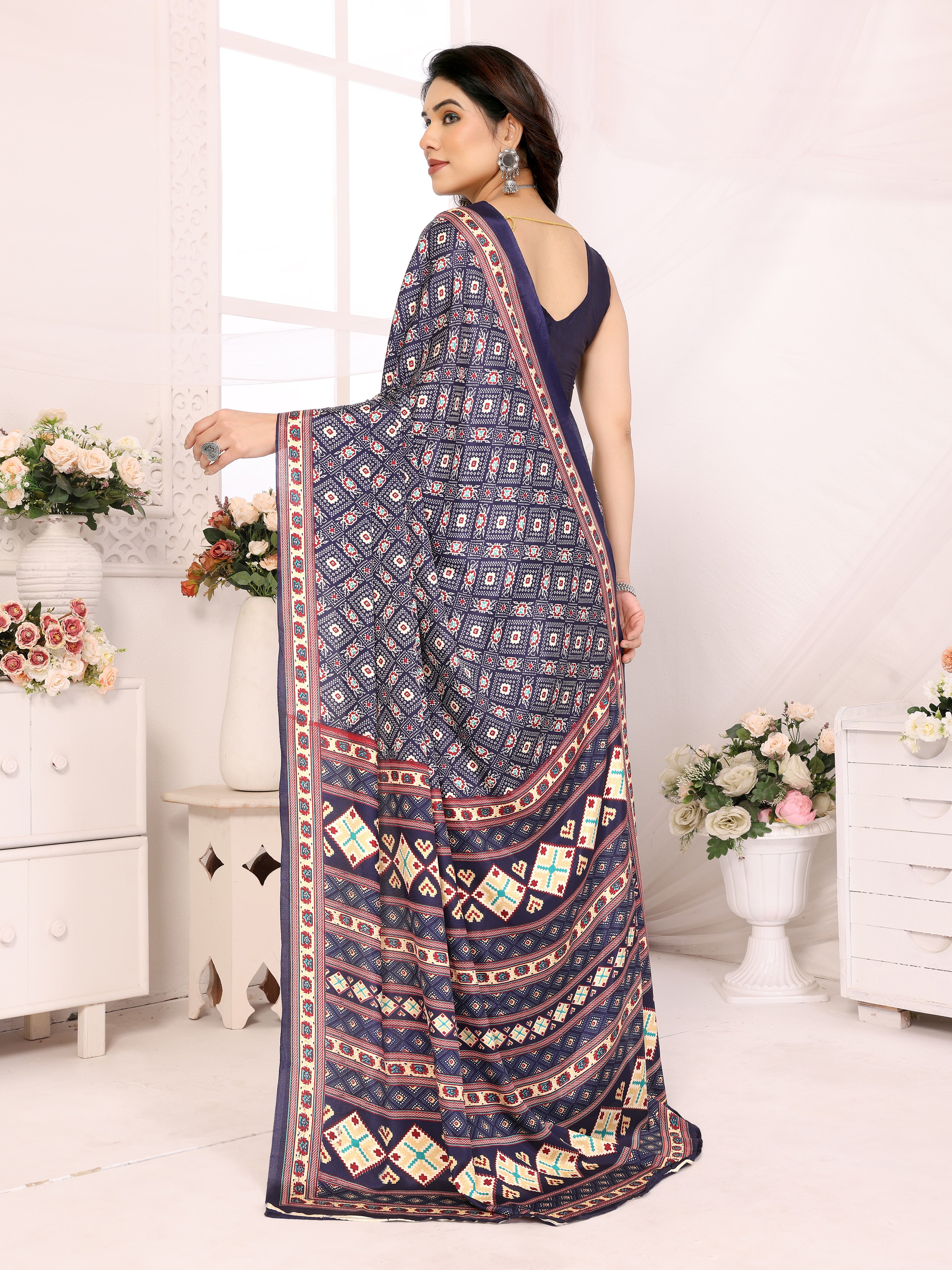 Ocean Blue Silk Crepe Printed Saree | Elegant Everyday Wear