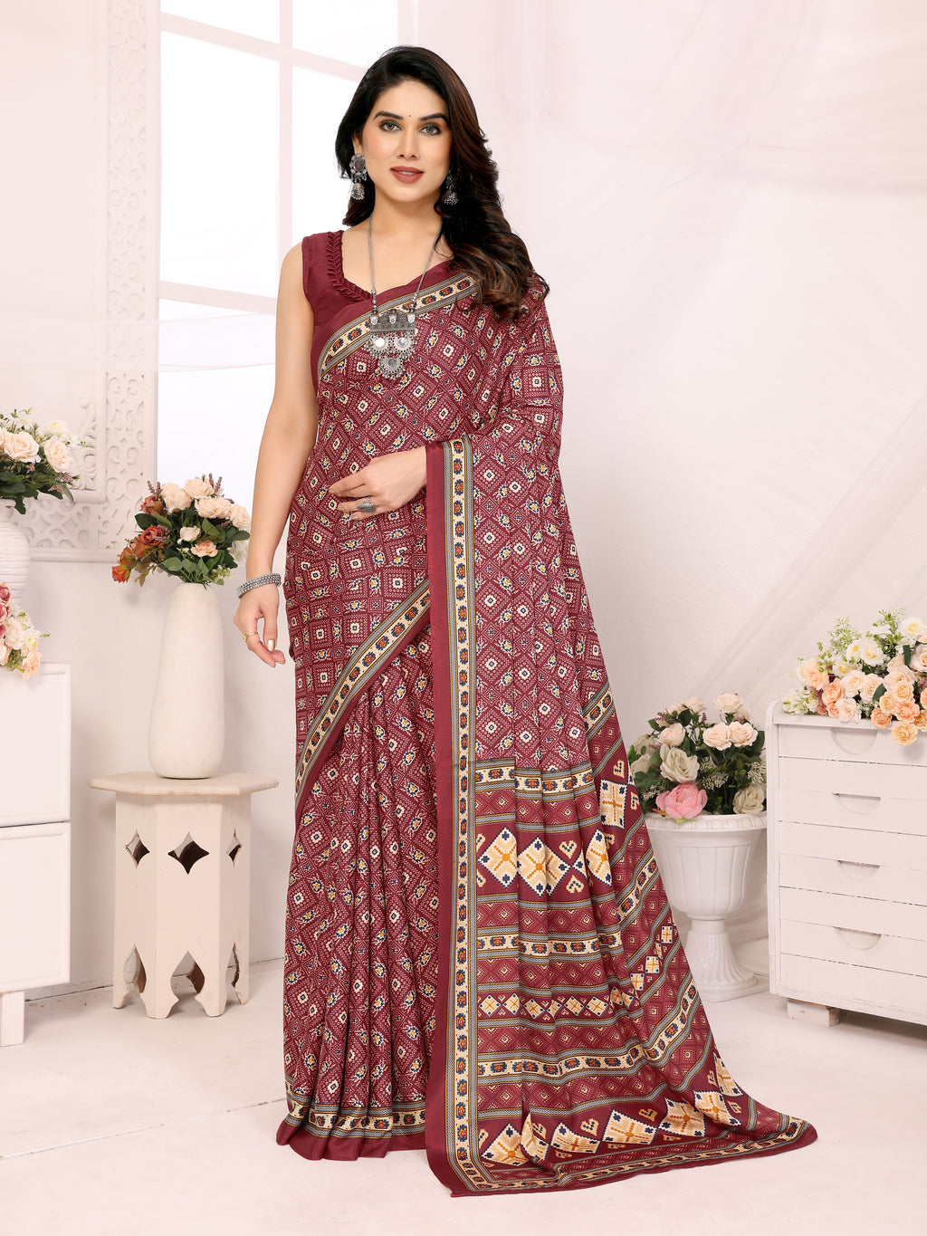 Royal Maroon Silk Crepe Printed Saree | Regal Everyday Elegance