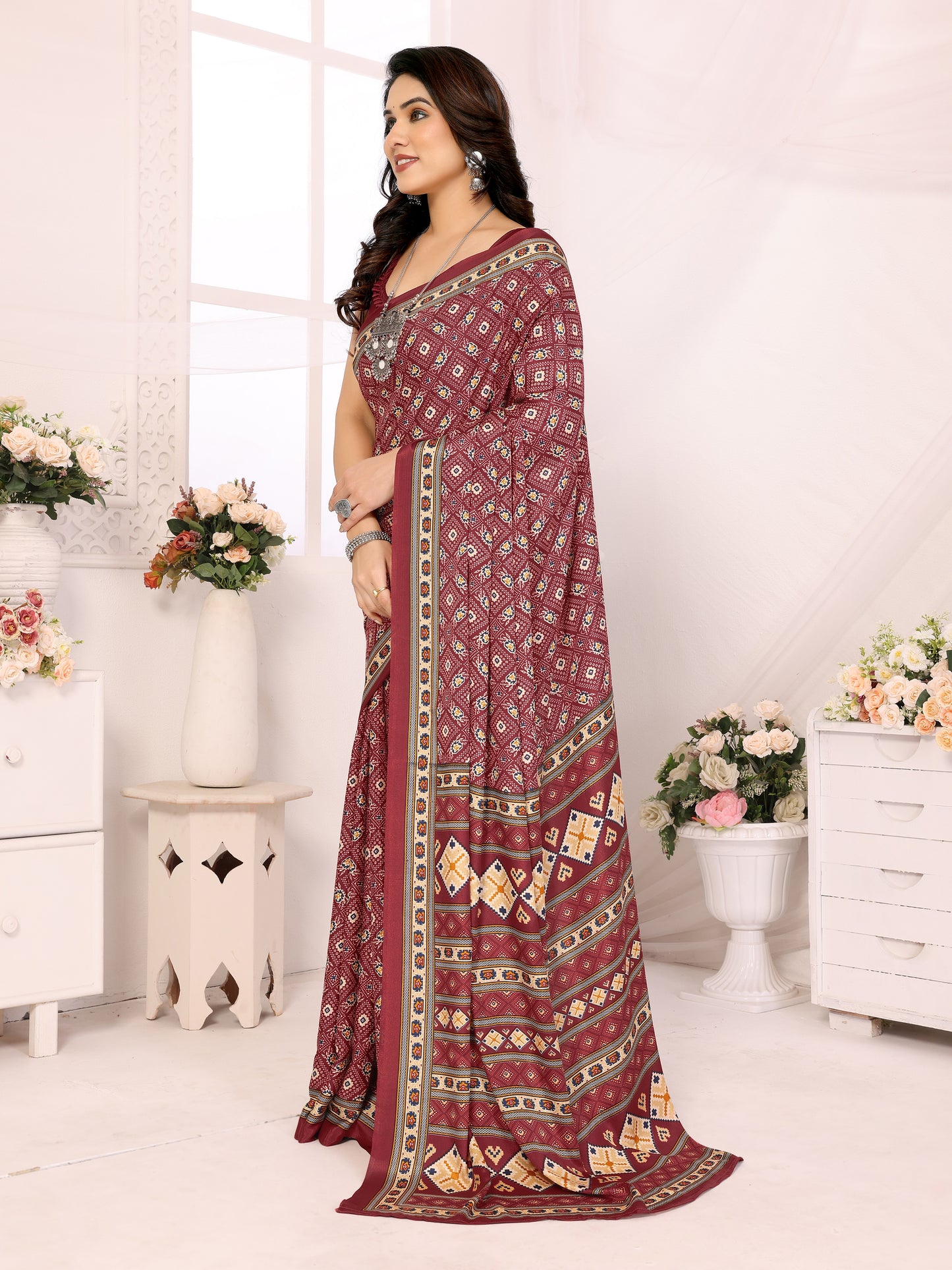 Royal Maroon Silk Crepe Printed Saree | Regal Everyday Elegance