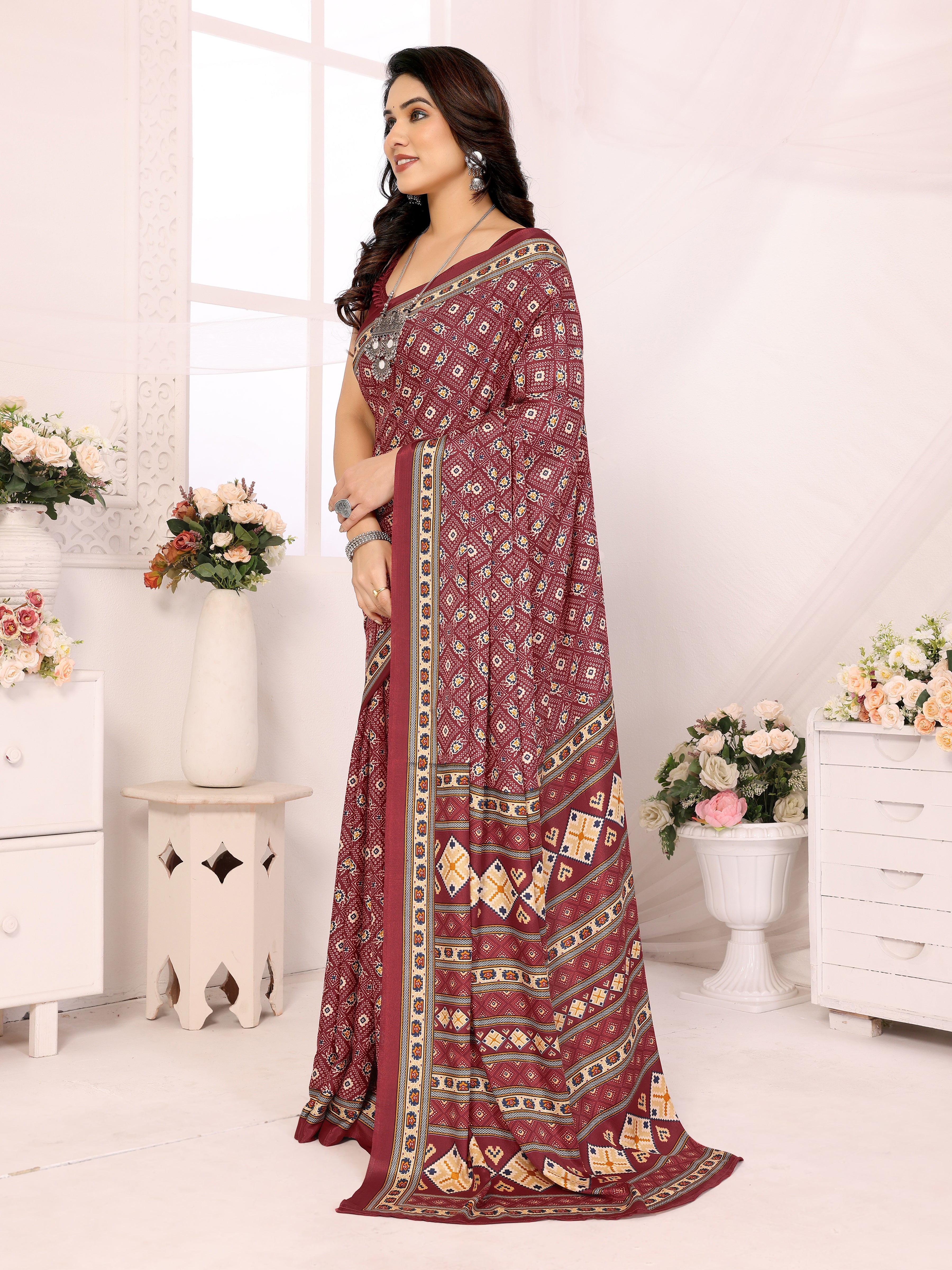 Royal Maroon Silk Crepe Printed Saree | Regal Everyday Elegance