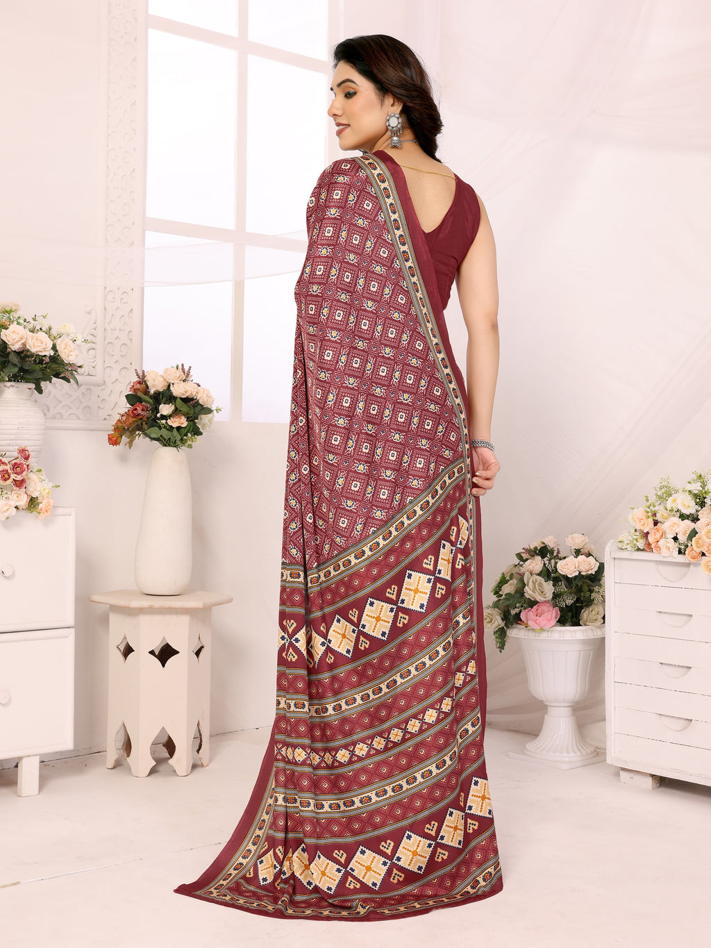 Royal Maroon Silk Crepe Printed Saree | Regal Everyday Elegance
