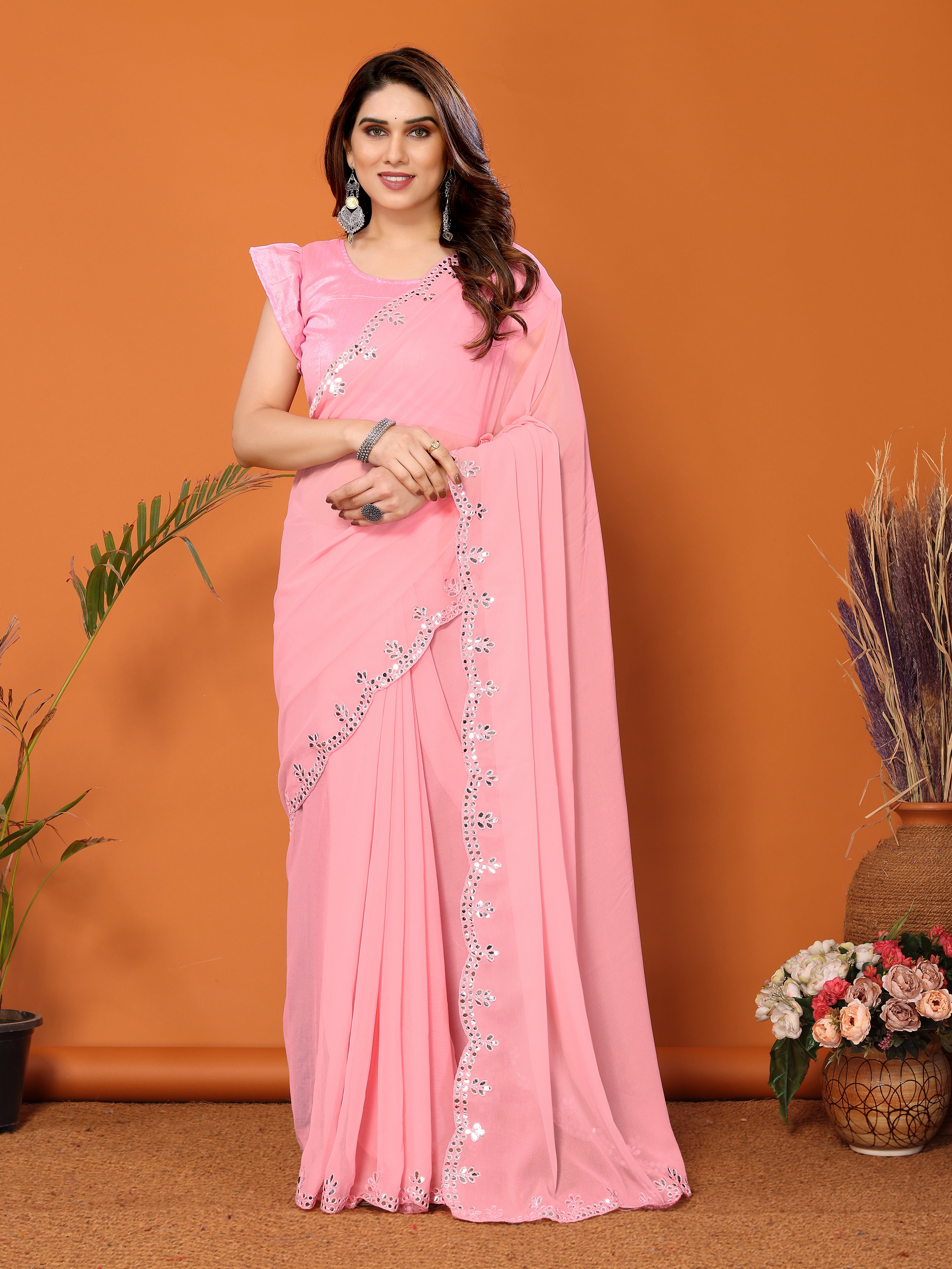 Blush Pink Georgette Saree | Mirror Work Elegance with Banglori Blouse