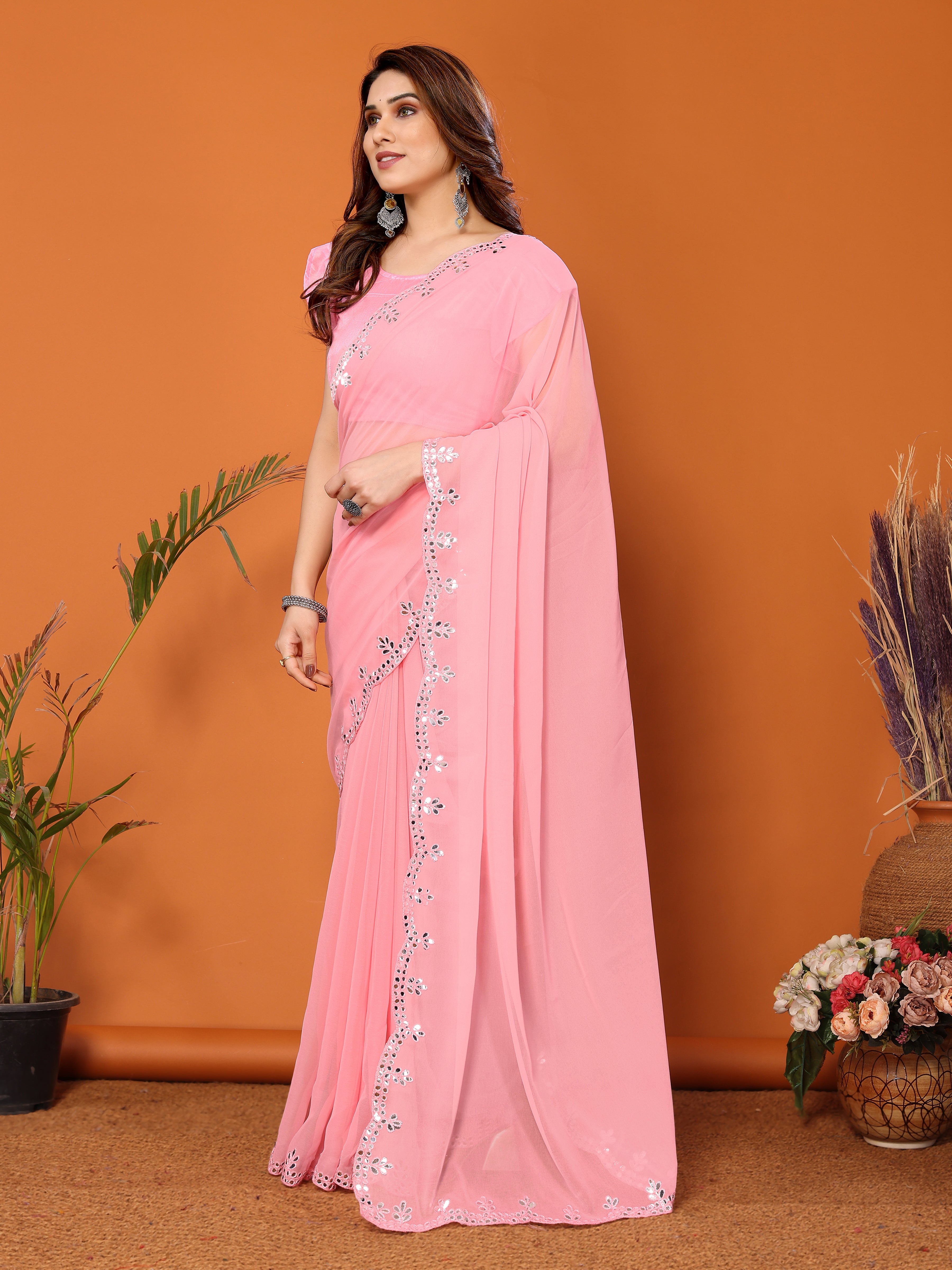 Blush Pink Georgette Saree | Mirror Work Elegance with Banglori Blouse