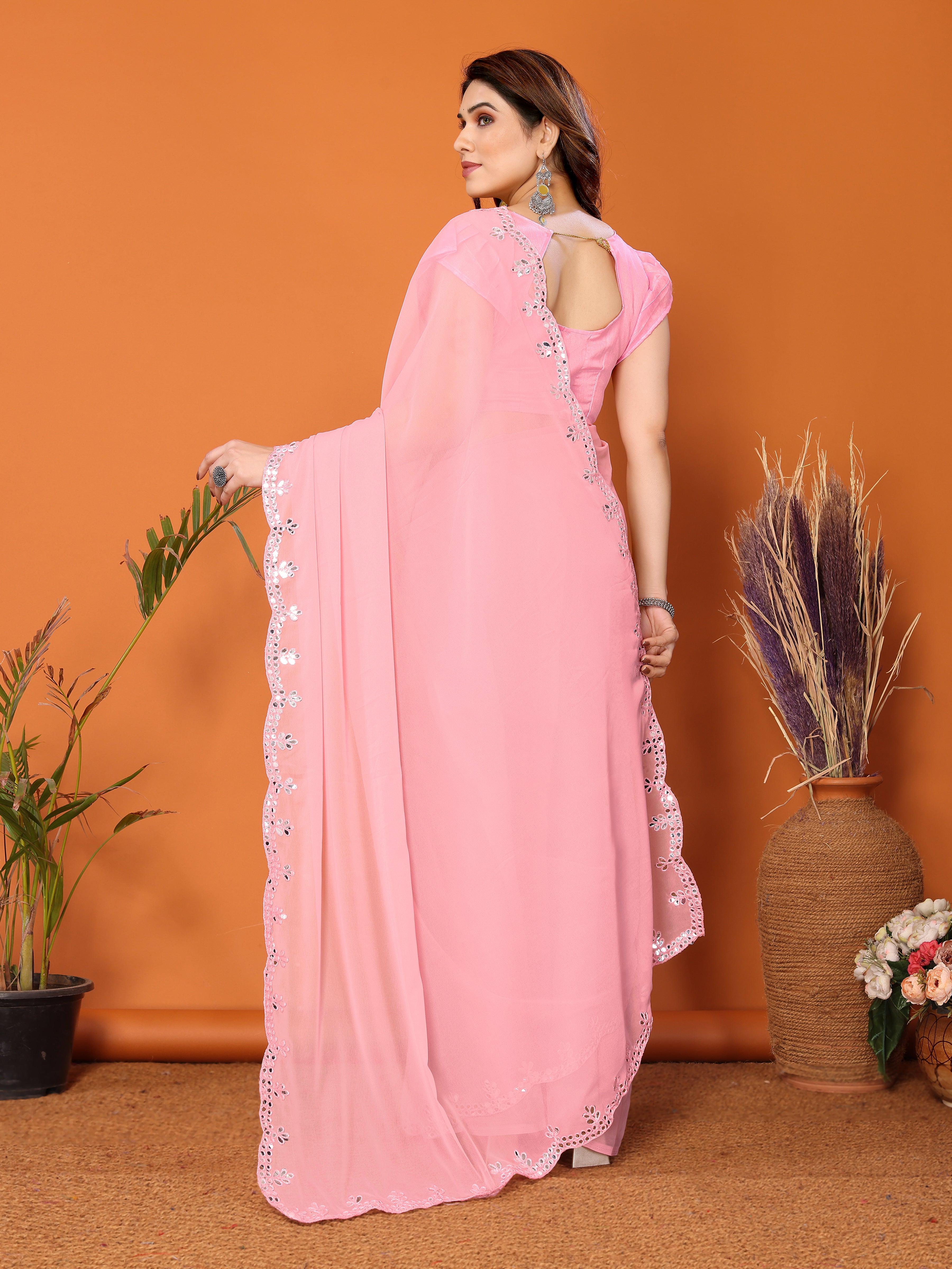 Blush Pink Georgette Saree | Mirror Work Elegance with Banglori Blouse