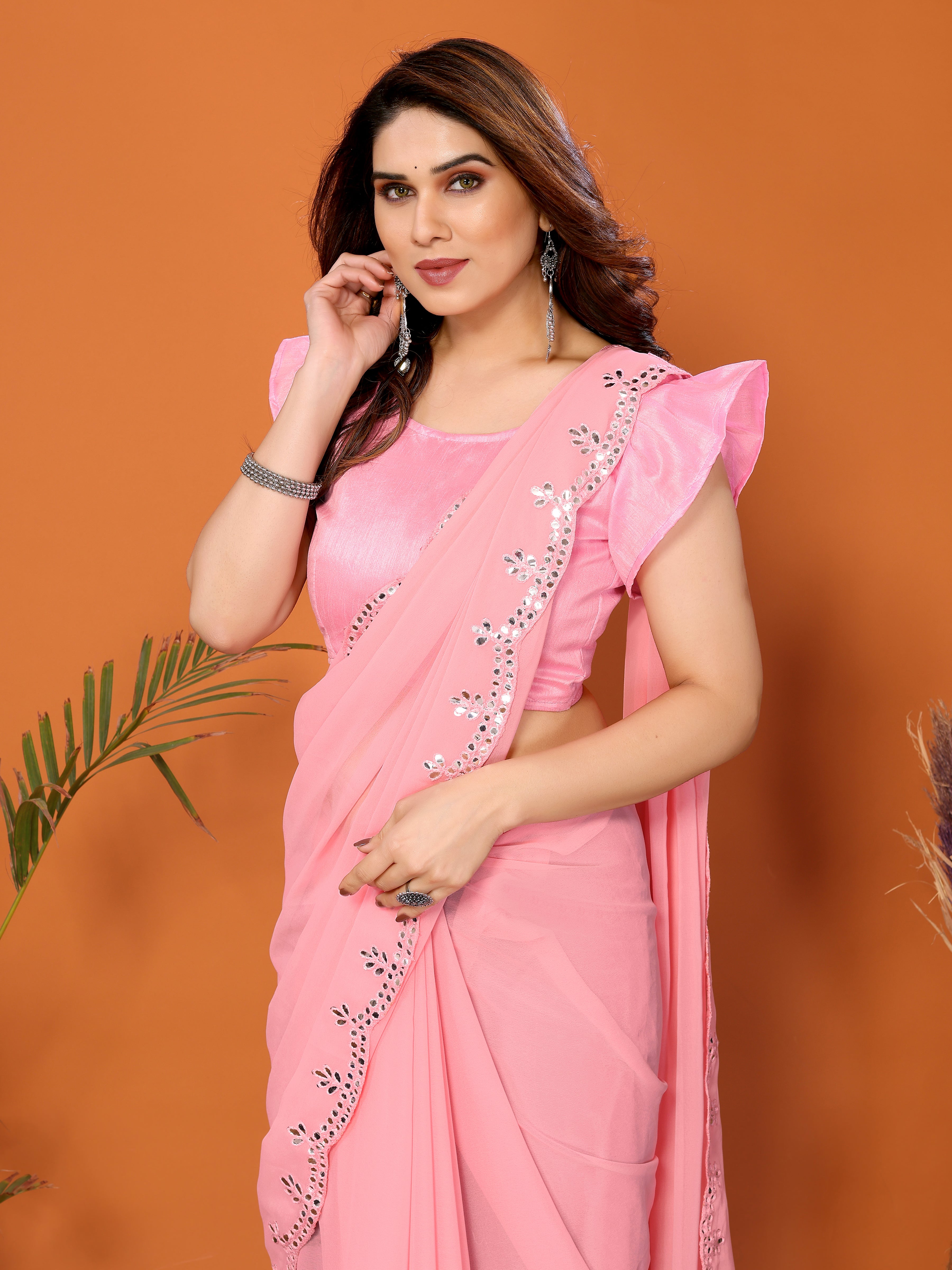 Blush Pink Georgette Saree | Mirror Work Elegance with Banglori Blouse