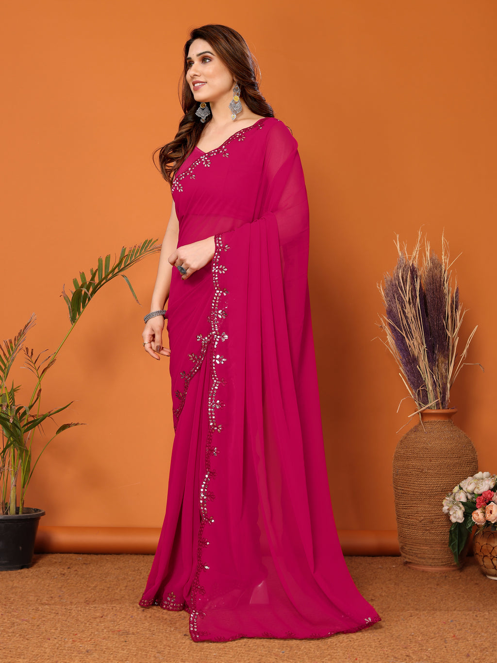 Vibrant Pink Georgette Saree | Mirror Work Glamour with Banglori Blouse