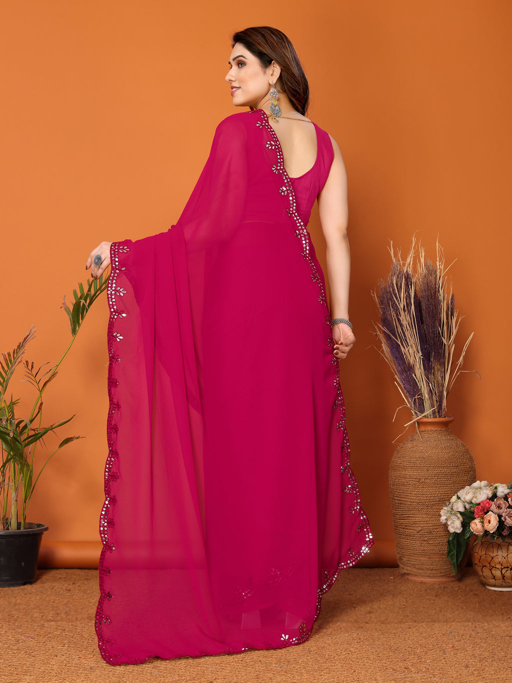 Vibrant Pink Georgette Saree | Mirror Work Glamour with Banglori Blouse