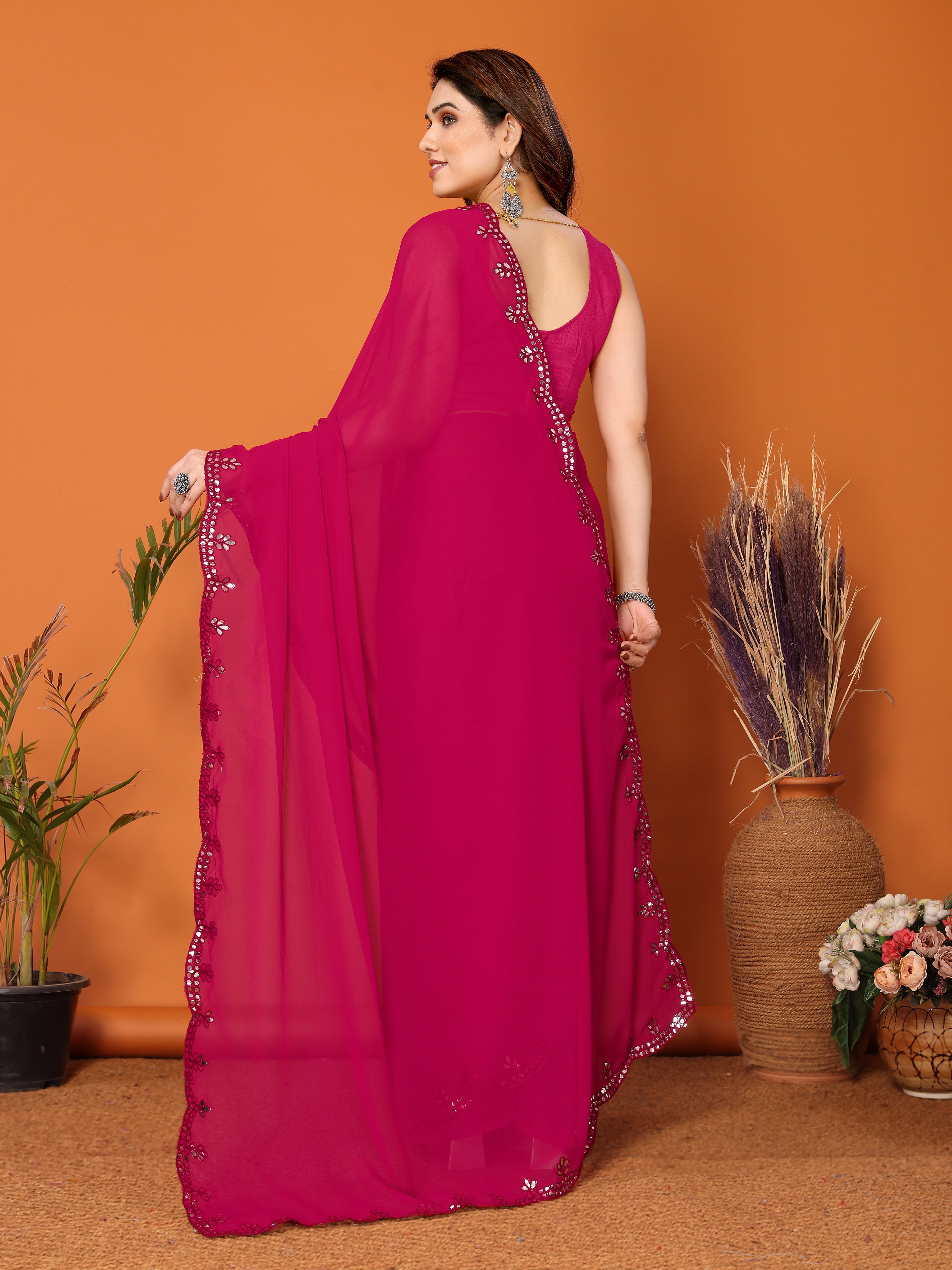Vibrant Pink Georgette Saree | Mirror Work Glamour with Banglori Blouse