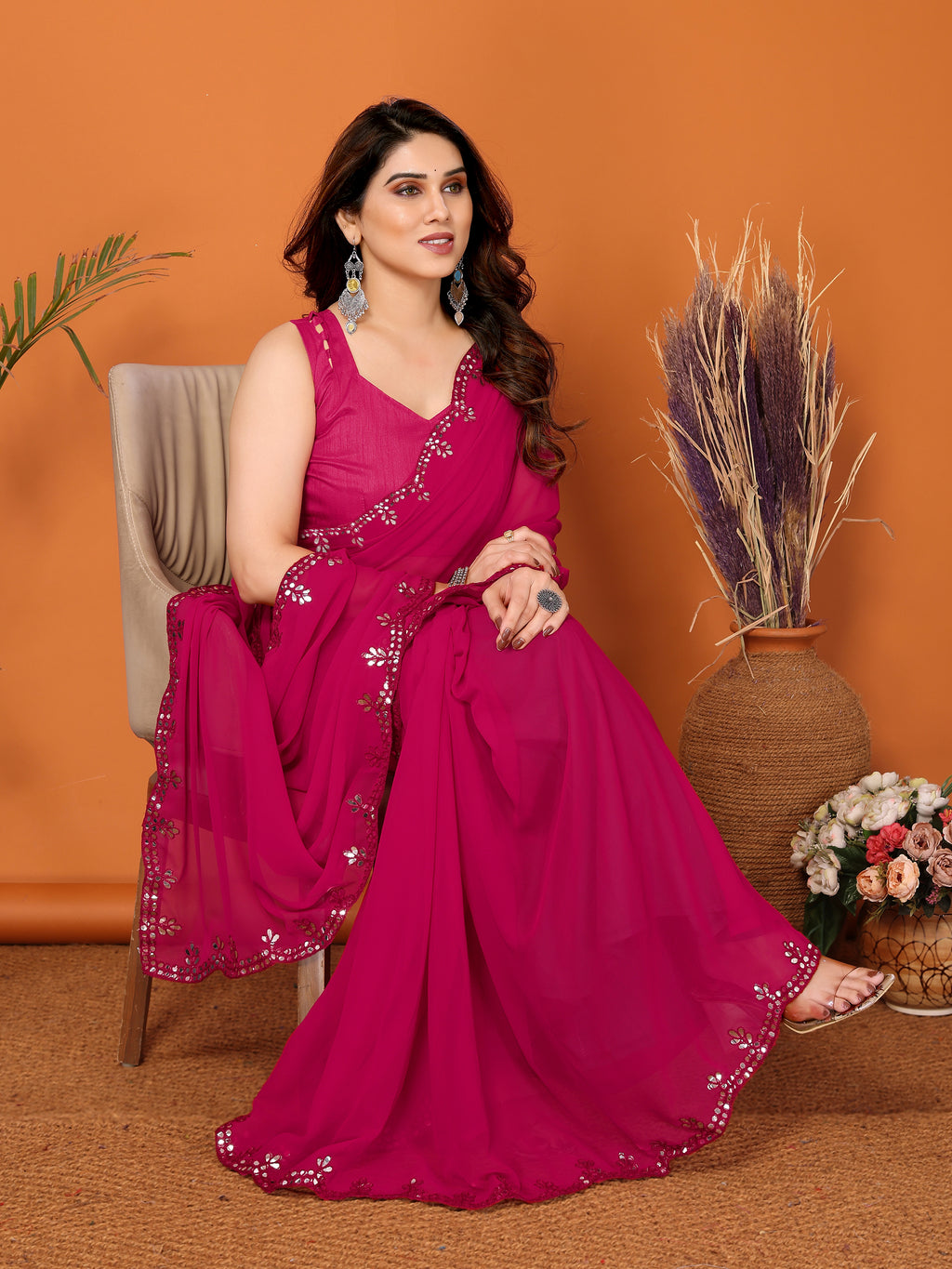 Vibrant Pink Georgette Saree | Mirror Work Glamour with Banglori Blouse