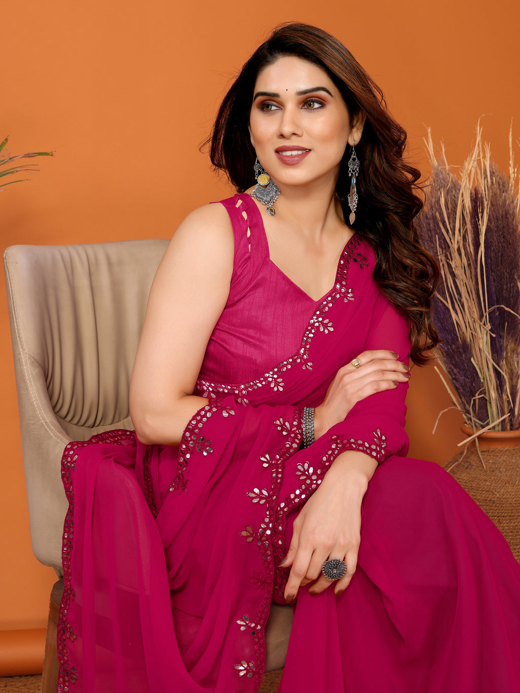 Vibrant Pink Georgette Saree | Mirror Work Glamour with Banglori Blouse