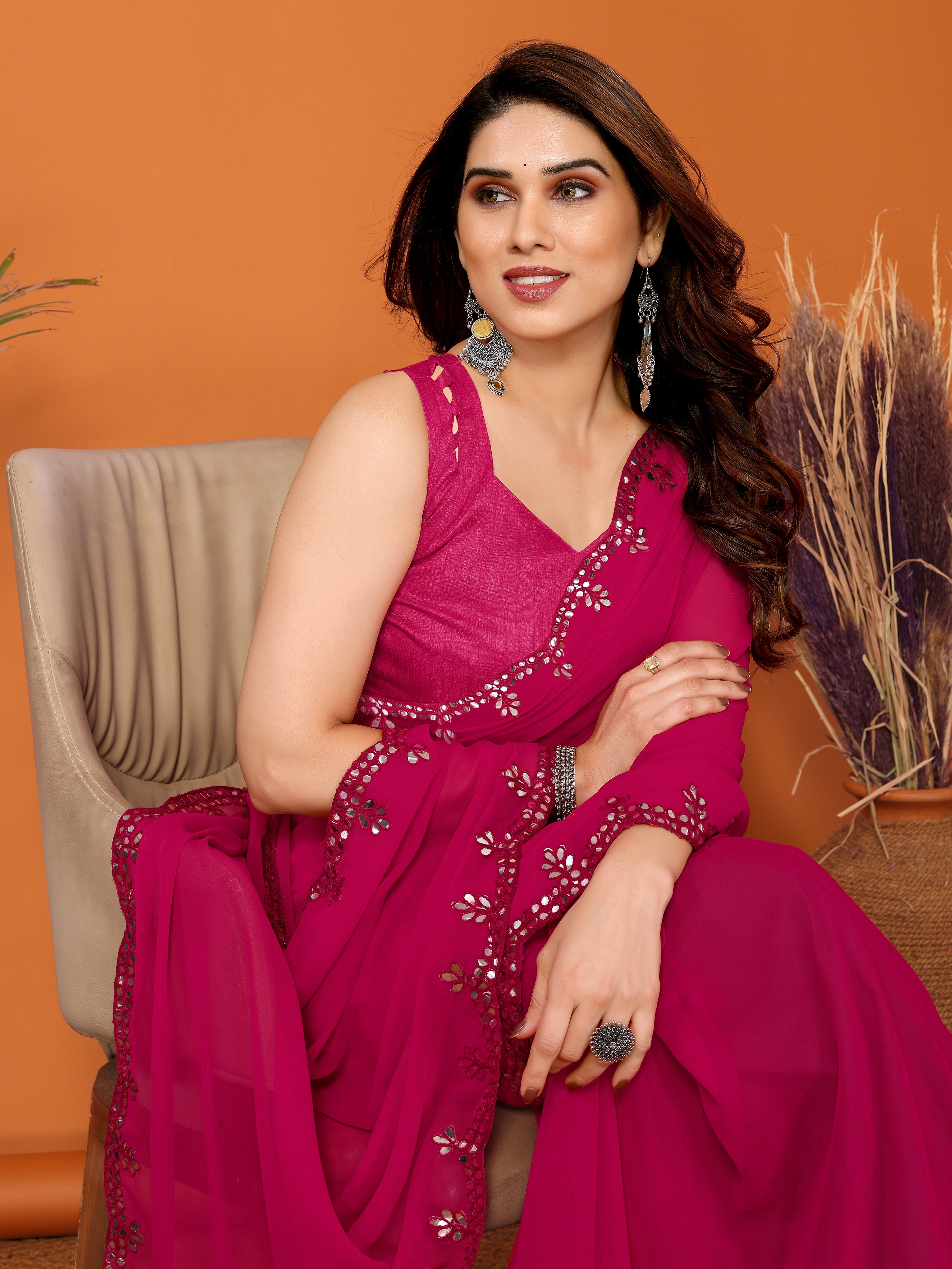 Vibrant Pink Georgette Saree | Mirror Work Glamour with Banglori Blouse