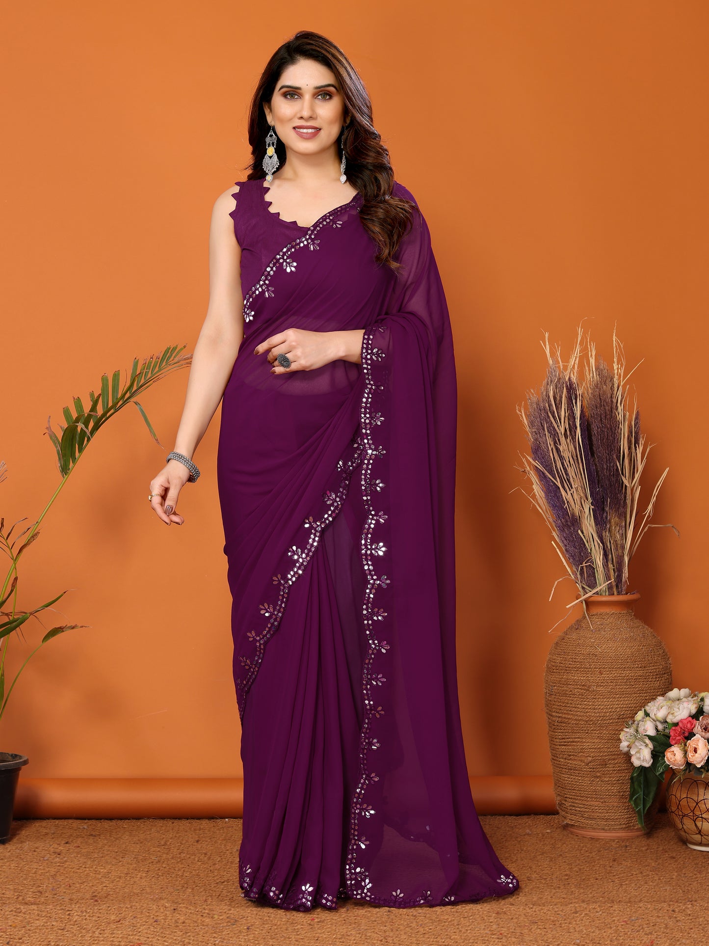 Royal Purple Georgette Saree | Mirror Work Majesty with Banglori Blouse