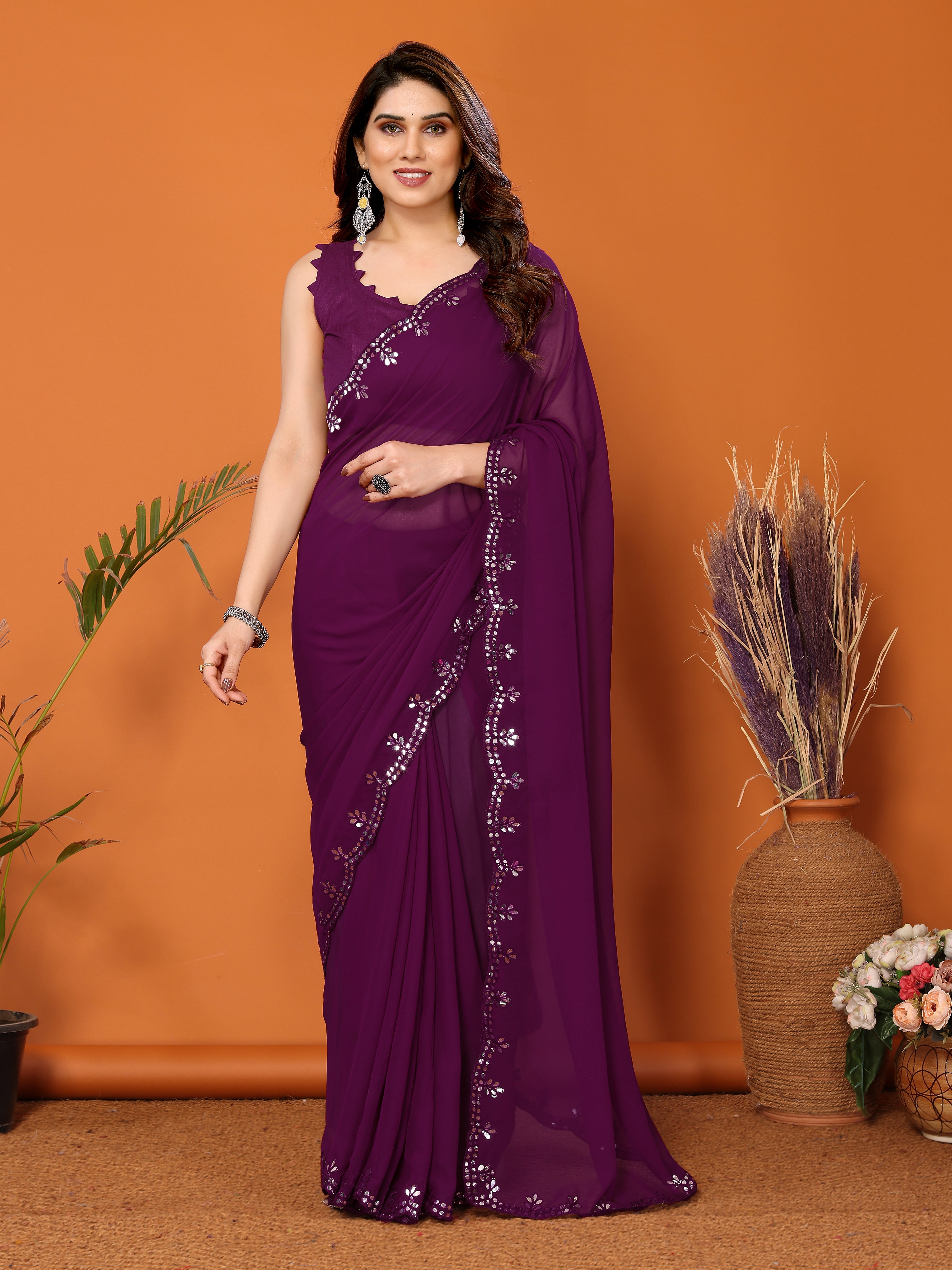 Royal Purple Georgette Saree | Mirror Work Majesty with Banglori Blouse