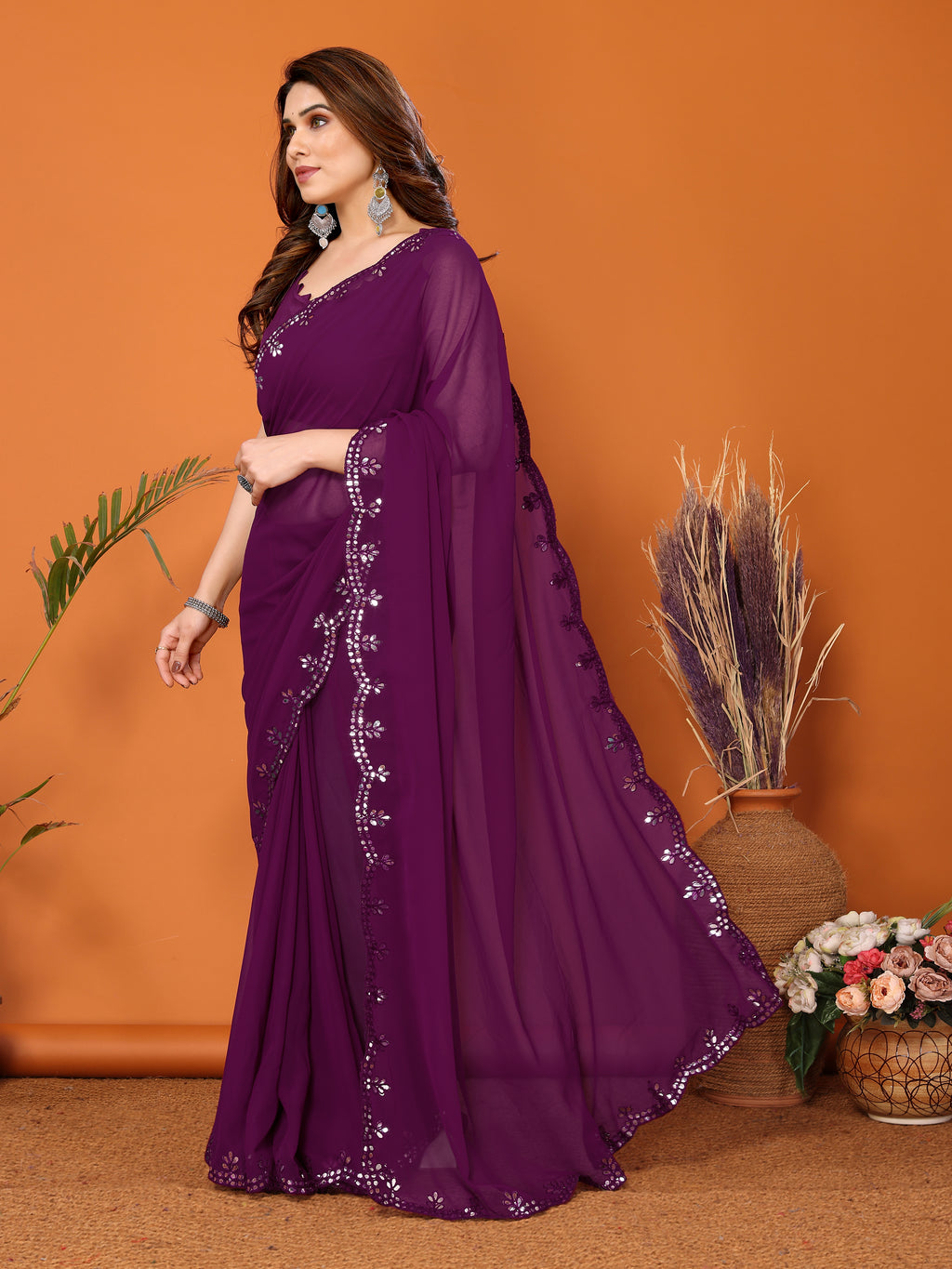 Royal Purple Georgette Saree | Mirror Work Majesty with Banglori Blouse