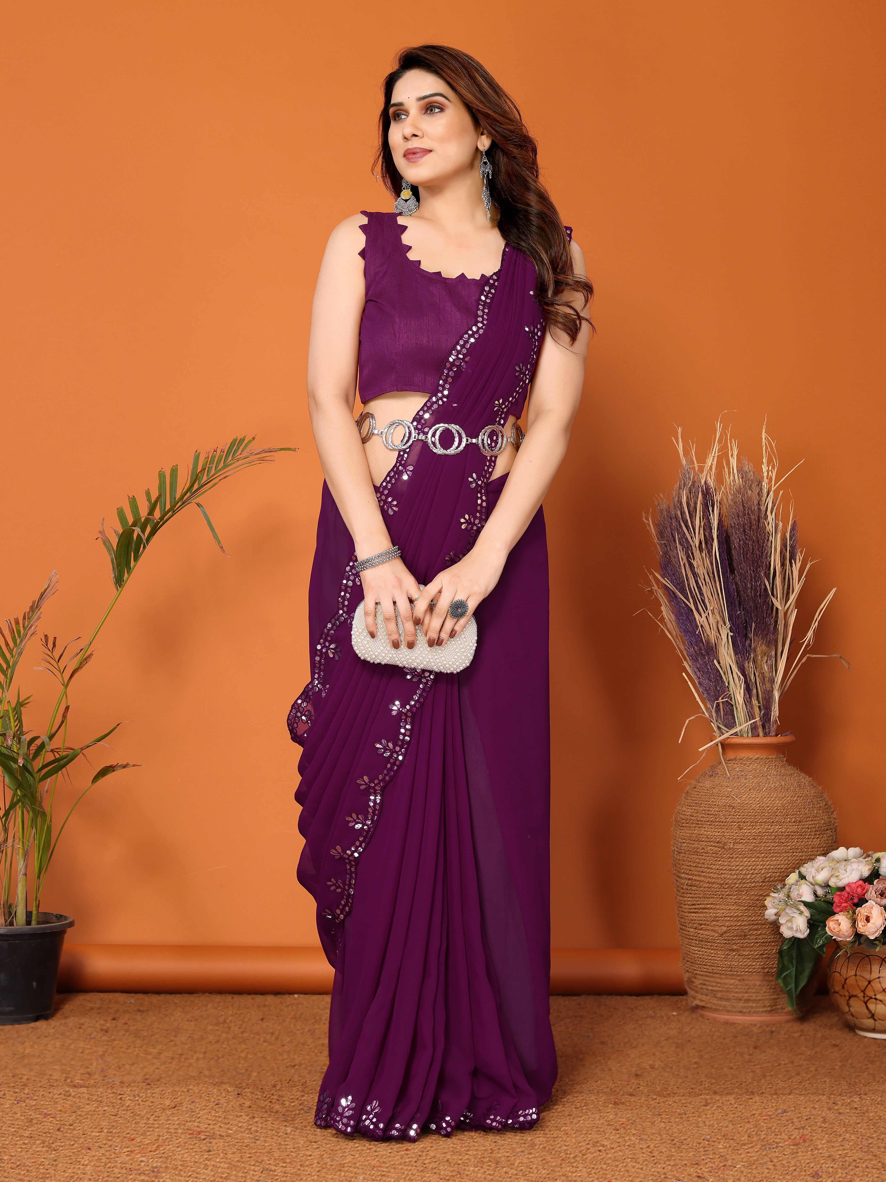 Royal Purple Georgette Saree | Mirror Work Majesty with Banglori Blouse