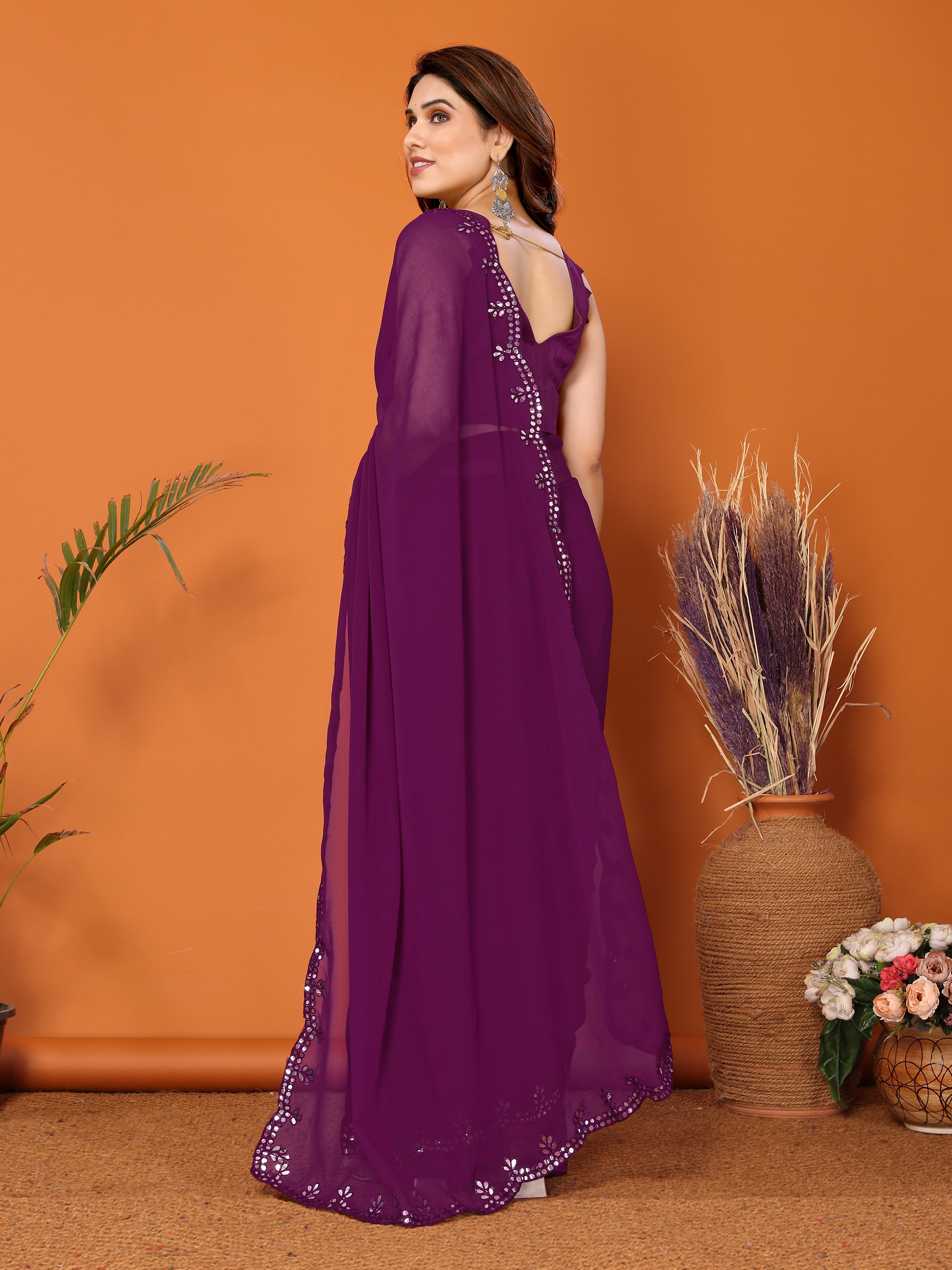 Royal Purple Georgette Saree | Mirror Work Majesty with Banglori Blouse