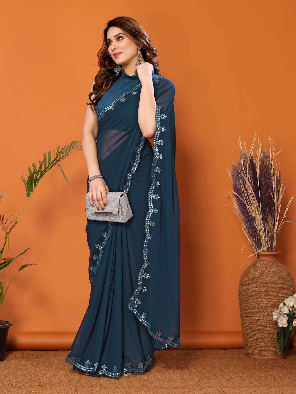 Serene Rama Georgette Saree | Mirror Work Tranquility with Banglori Blouse
