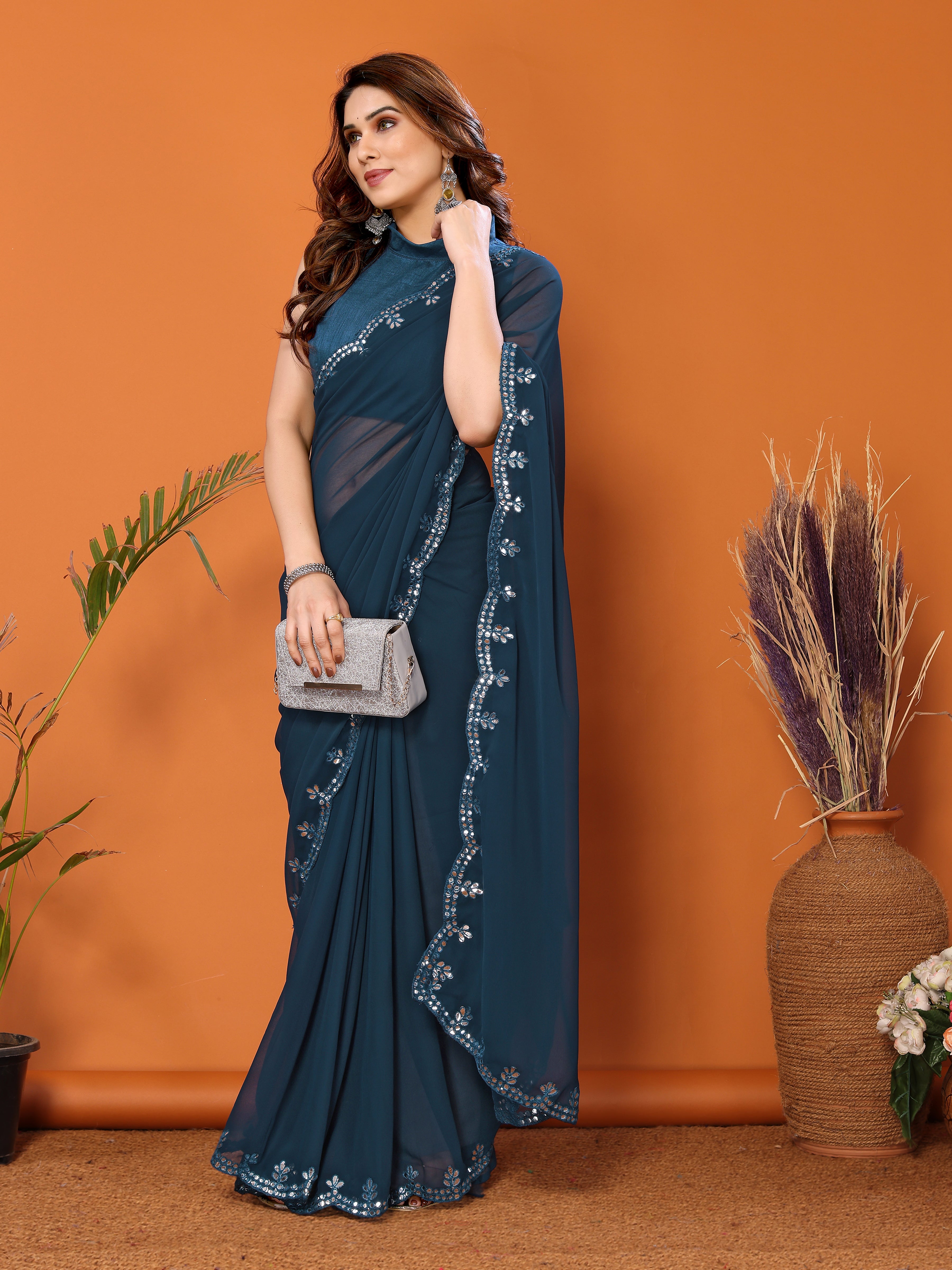 Serene Rama Georgette Saree | Mirror Work Tranquility with Banglori Blouse
