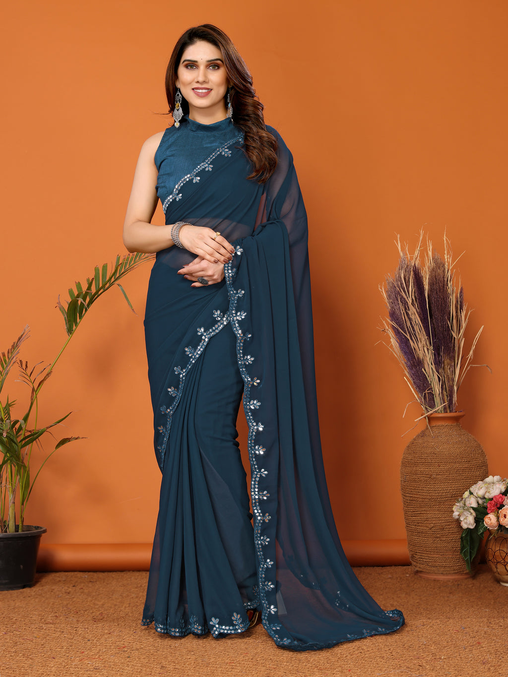 Serene Rama Georgette Saree | Mirror Work Tranquility with Banglori Blouse
