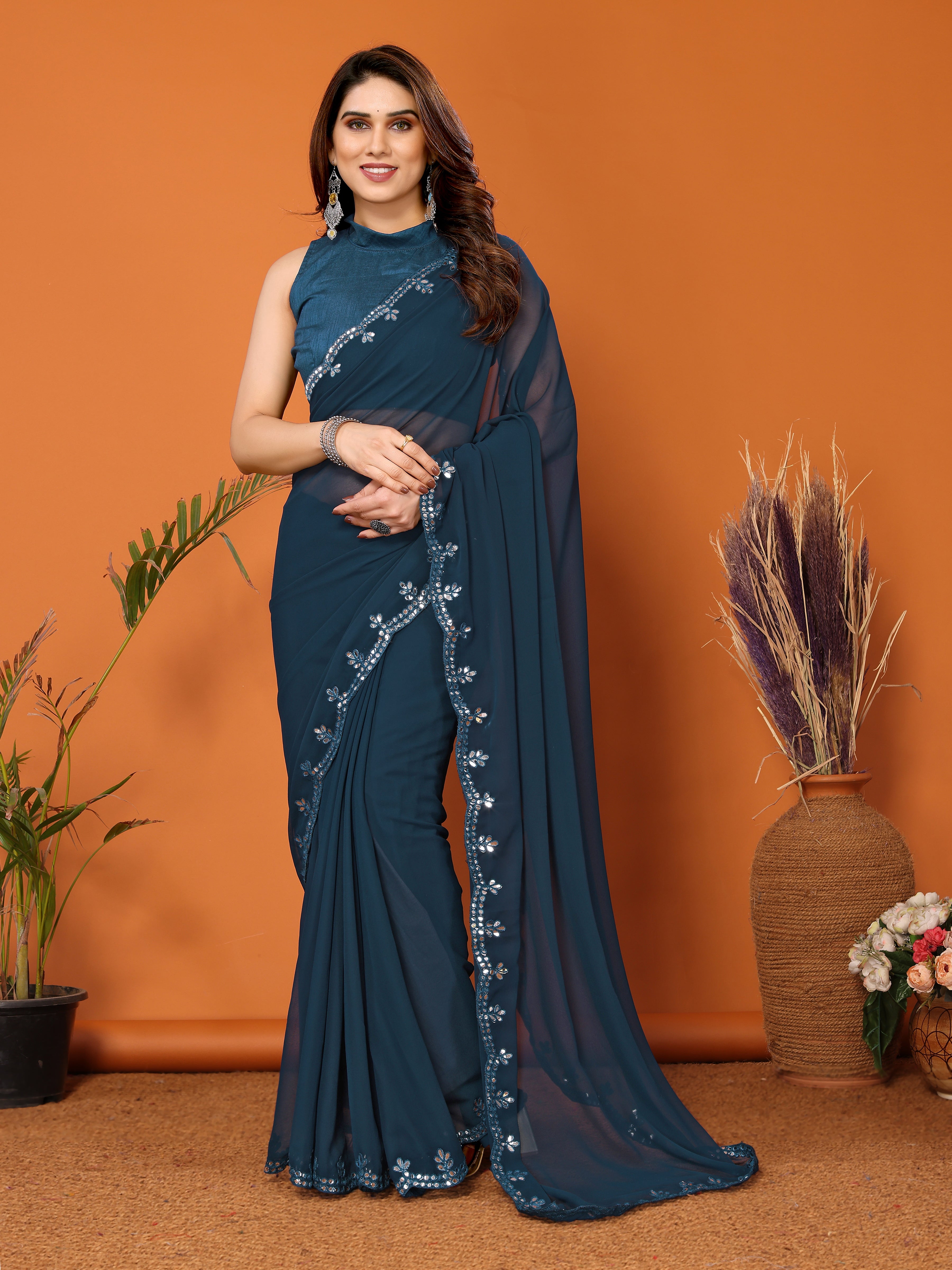 Serene Rama Georgette Saree | Mirror Work Tranquility with Banglori Blouse