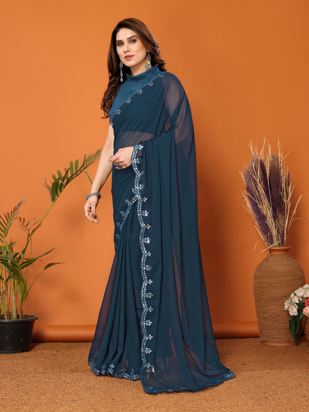 Serene Rama Georgette Saree | Mirror Work Tranquility with Banglori Blouse