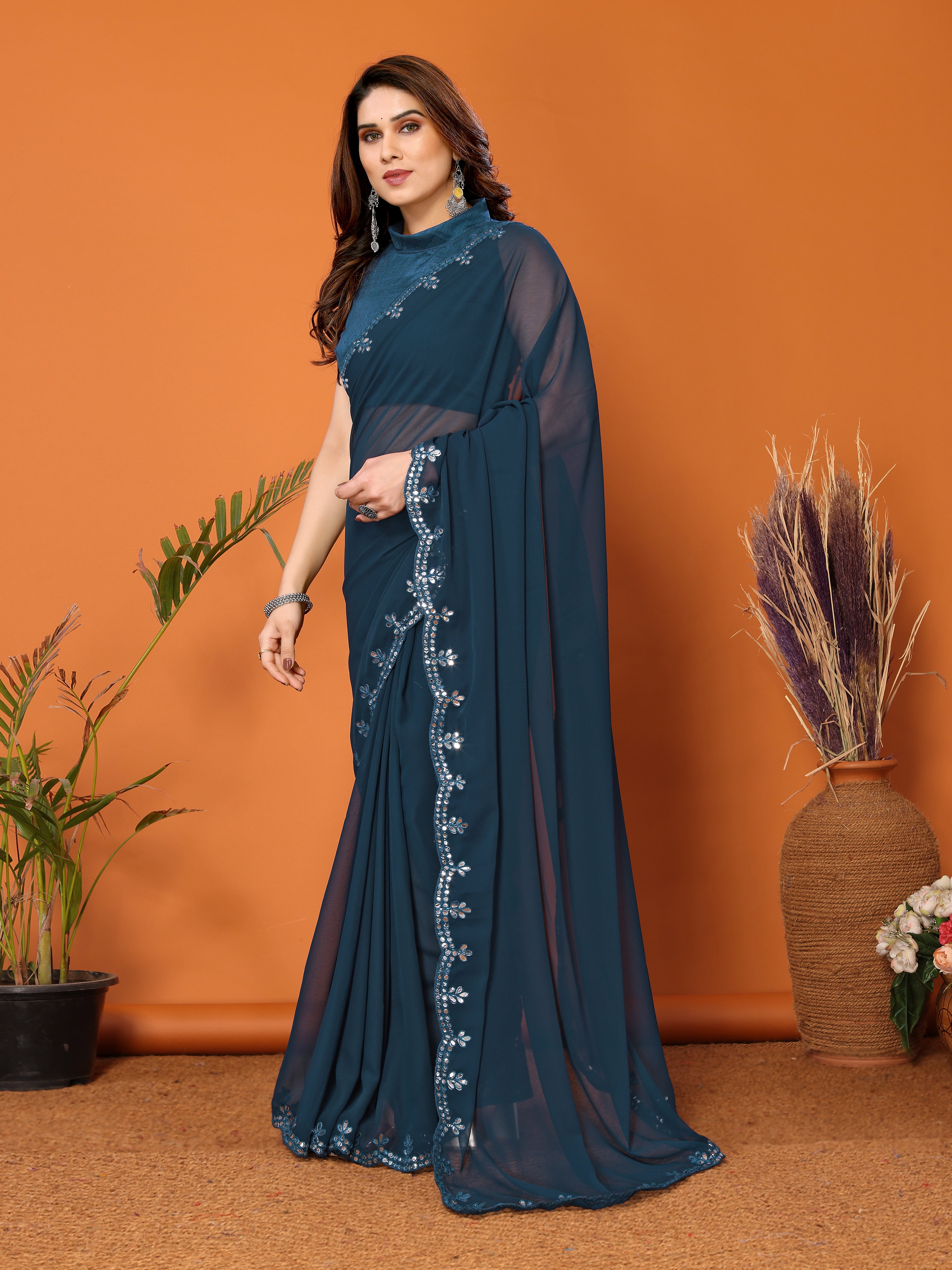 Serene Rama Georgette Saree | Mirror Work Tranquility with Banglori Blouse