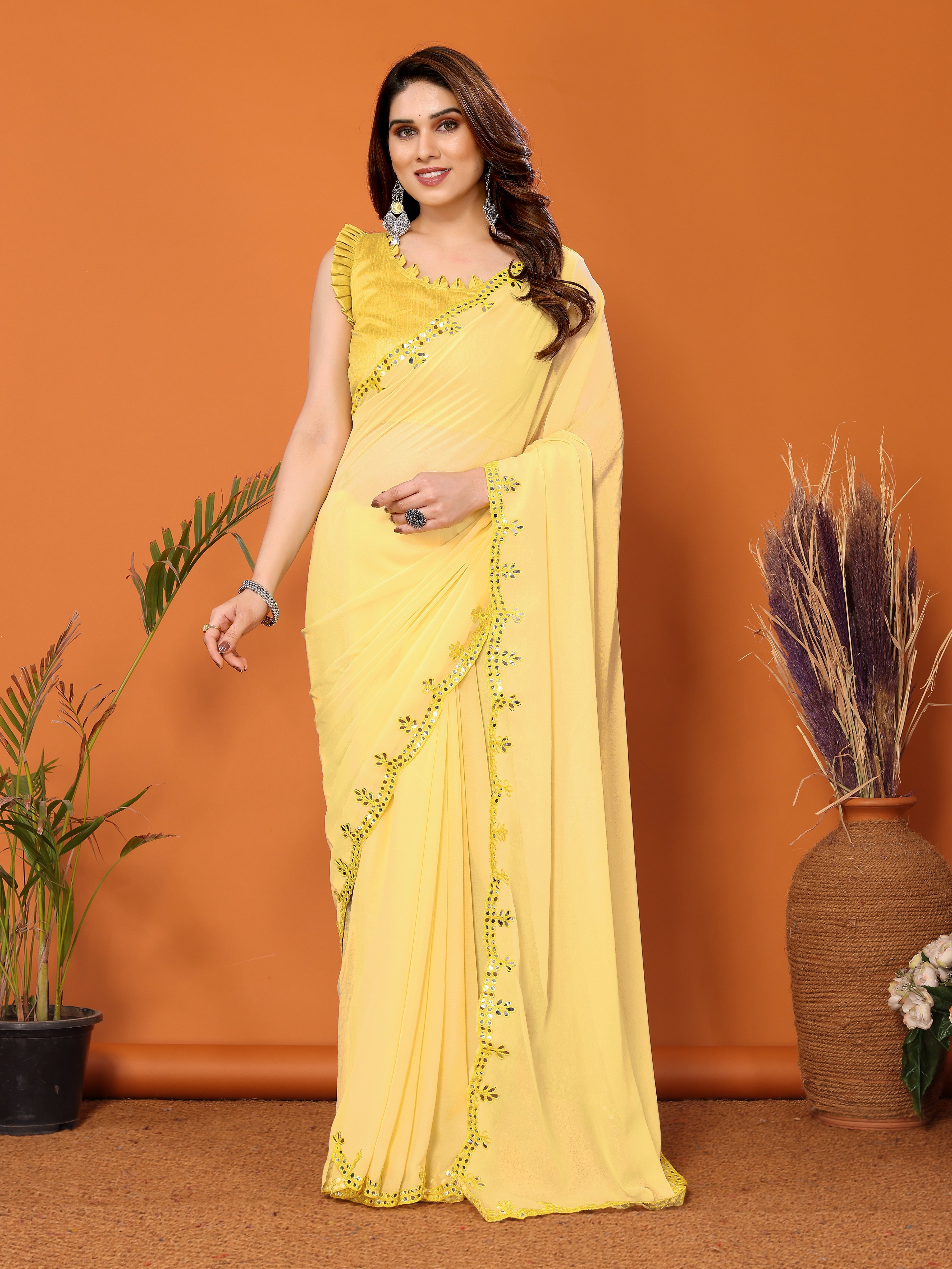 Sunny Yellow Georgette Saree | Mirror Work Radiance with Banglori Blouse