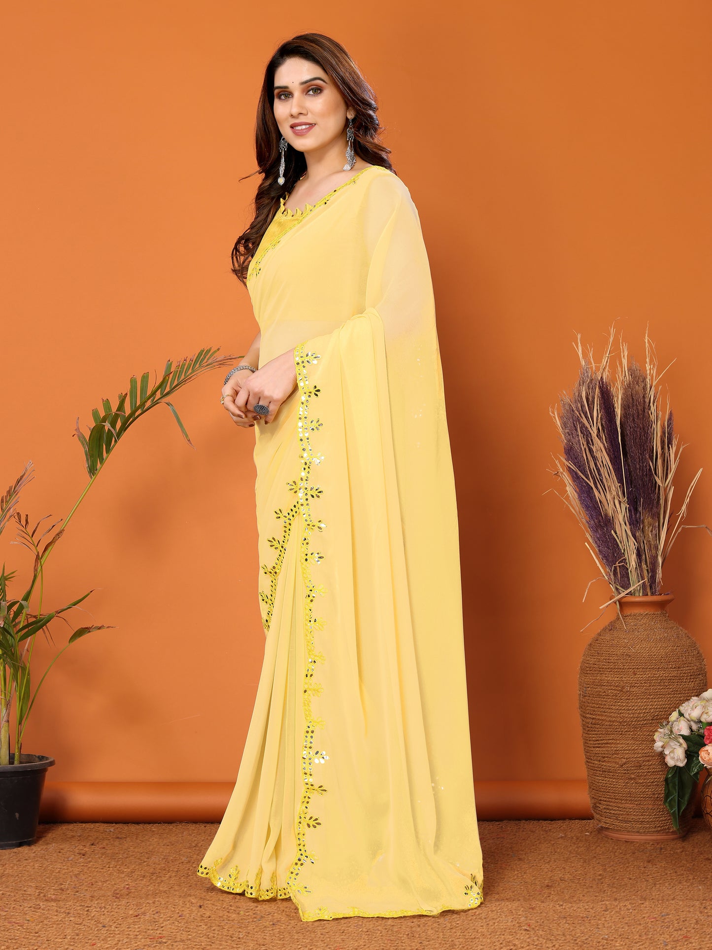 Sunny Yellow Georgette Saree | Mirror Work Radiance with Banglori Blouse