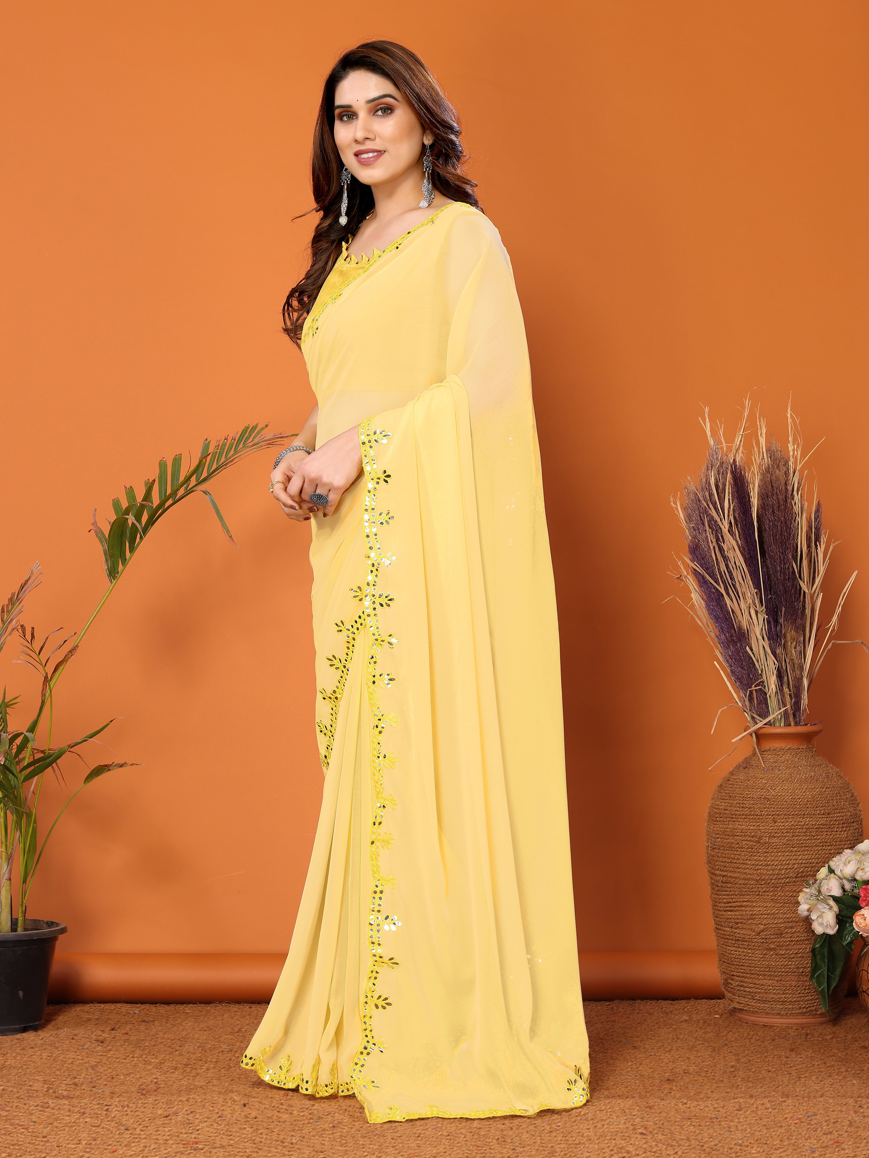 Sunny Yellow Georgette Saree | Mirror Work Radiance with Banglori Blouse