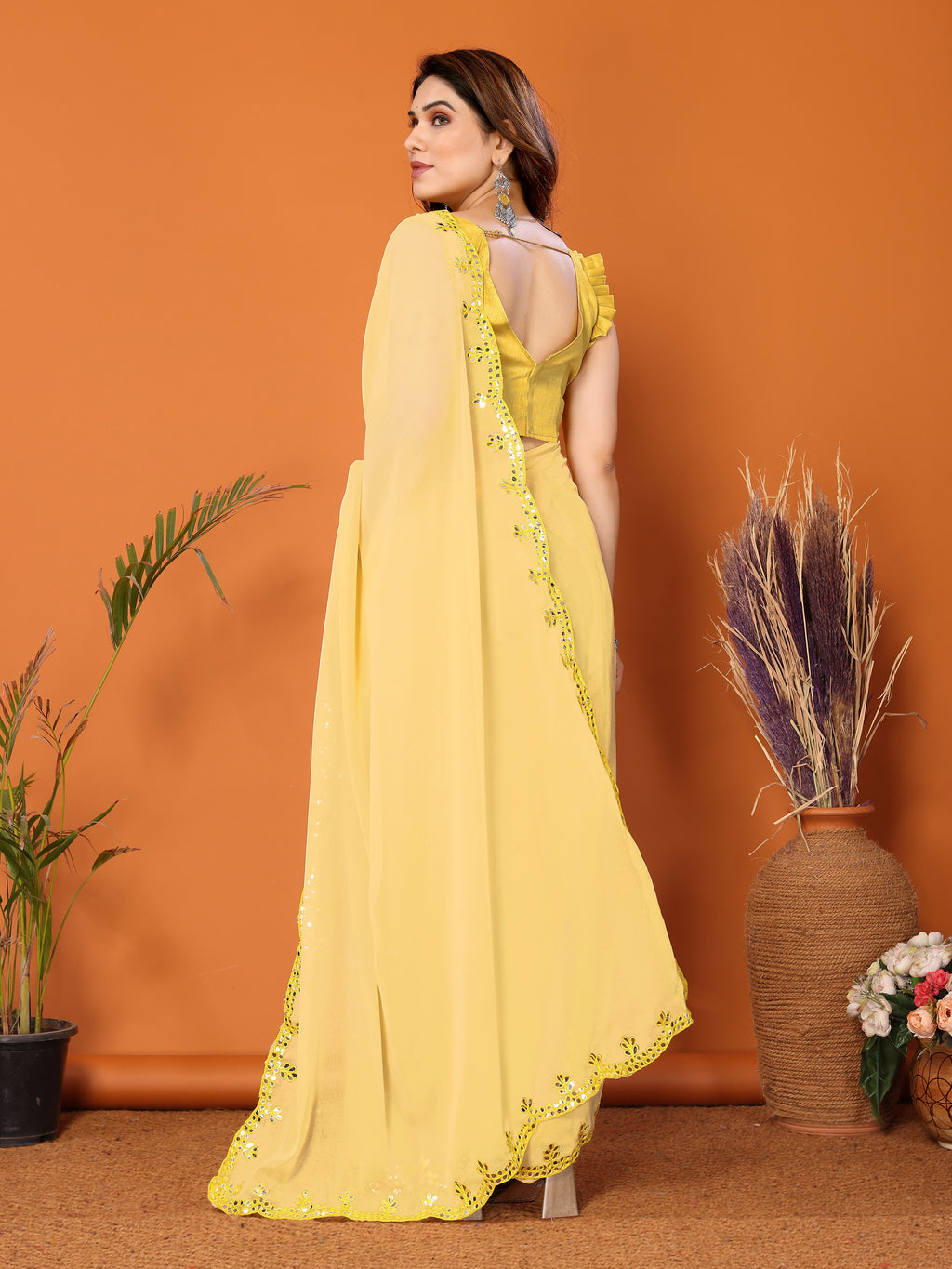 Sunny Yellow Georgette Saree | Mirror Work Radiance with Banglori Blouse