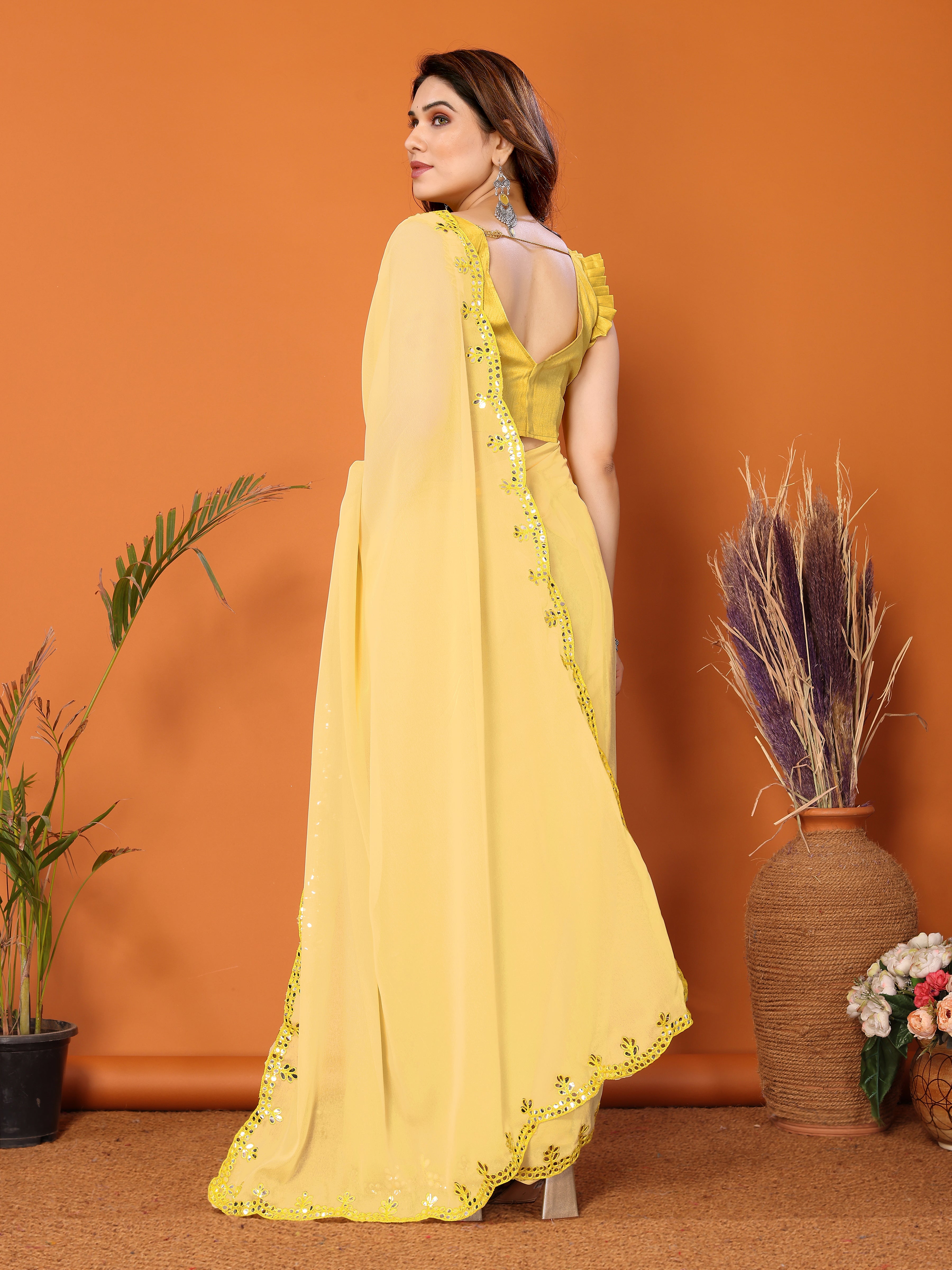 Sunny Yellow Georgette Saree | Mirror Work Radiance with Banglori Blouse
