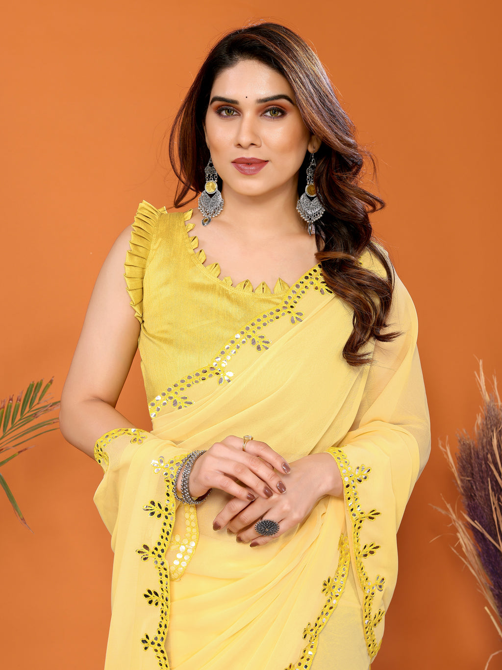 Sunny Yellow Georgette Saree | Mirror Work Radiance with Banglori Blouse
