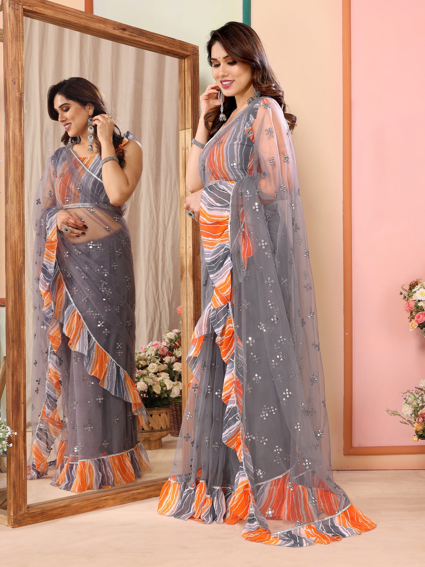 Ethereal Grey Net Saree | Mirror Work Elegance with Ruffle Detailing