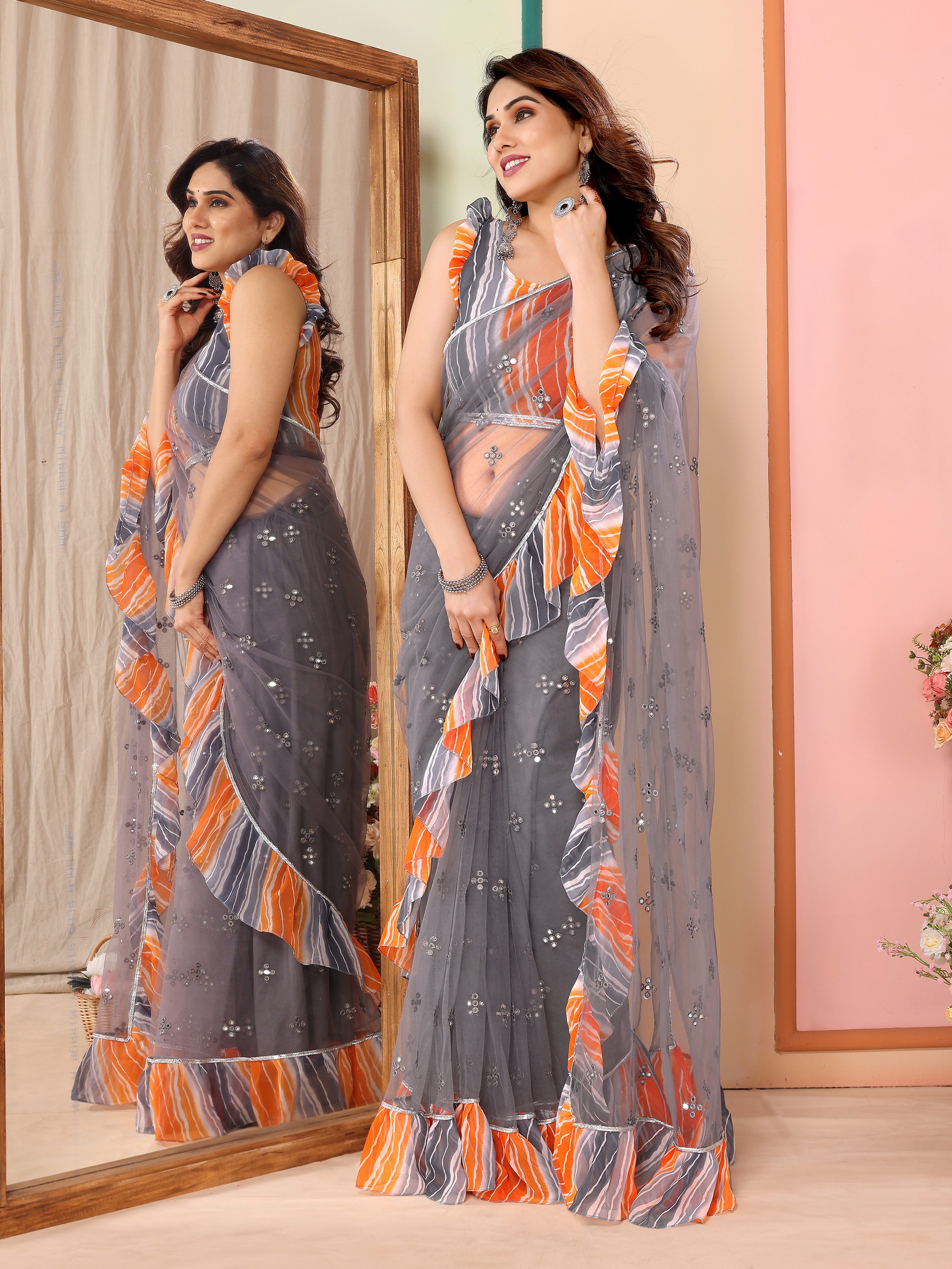 Ethereal Grey Net Saree | Mirror Work Elegance with Ruffle Detailing