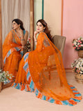Vibrant Orange Net Saree | Mirror Work Splendor with Ruffle Detailing