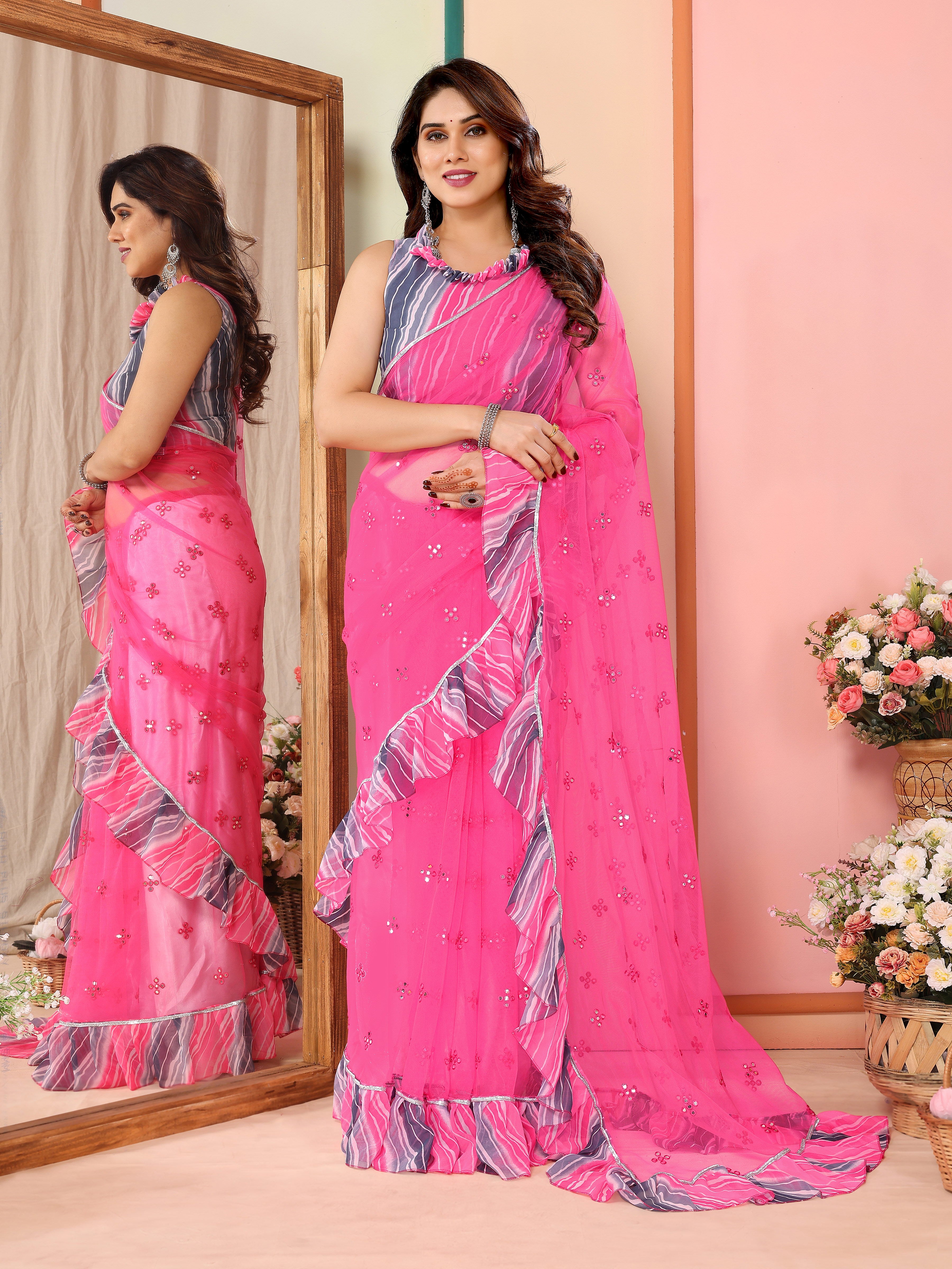Blush Pink Net Saree | Mirror Work Grace with Ruffle Detailing