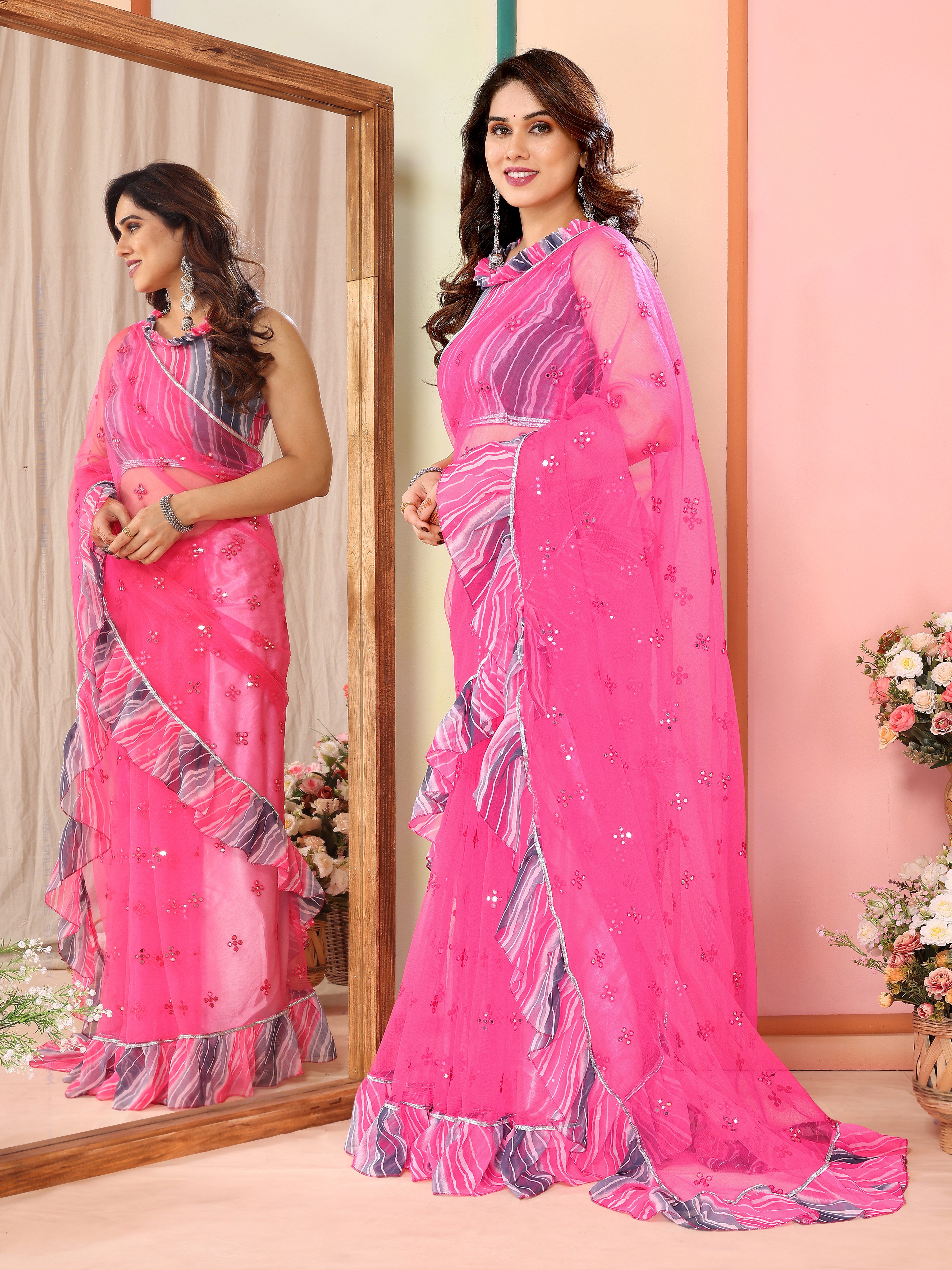 Blush Pink Net Saree | Mirror Work Grace with Ruffle Detailing