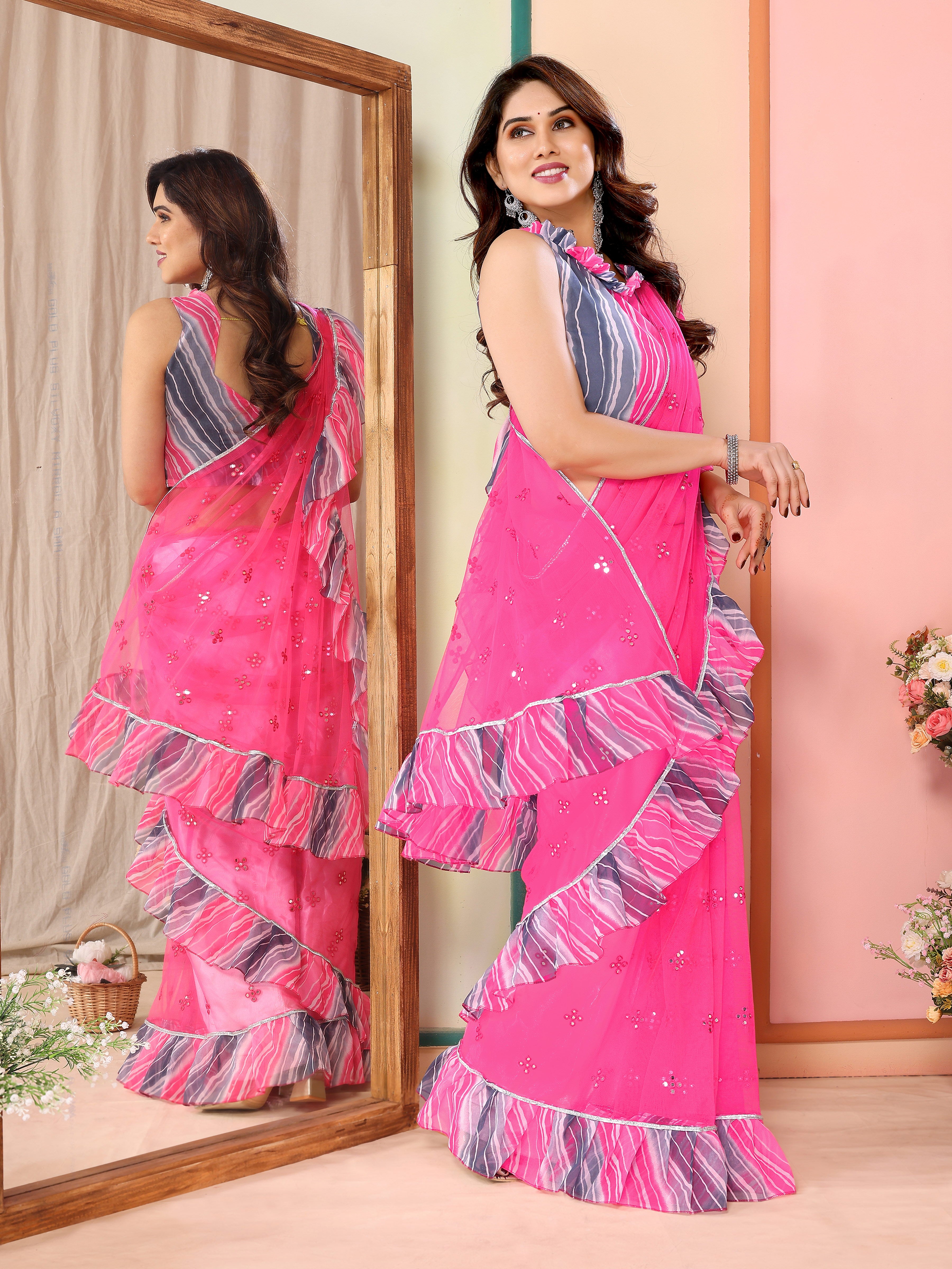Blush Pink Net Saree | Mirror Work Grace with Ruffle Detailing