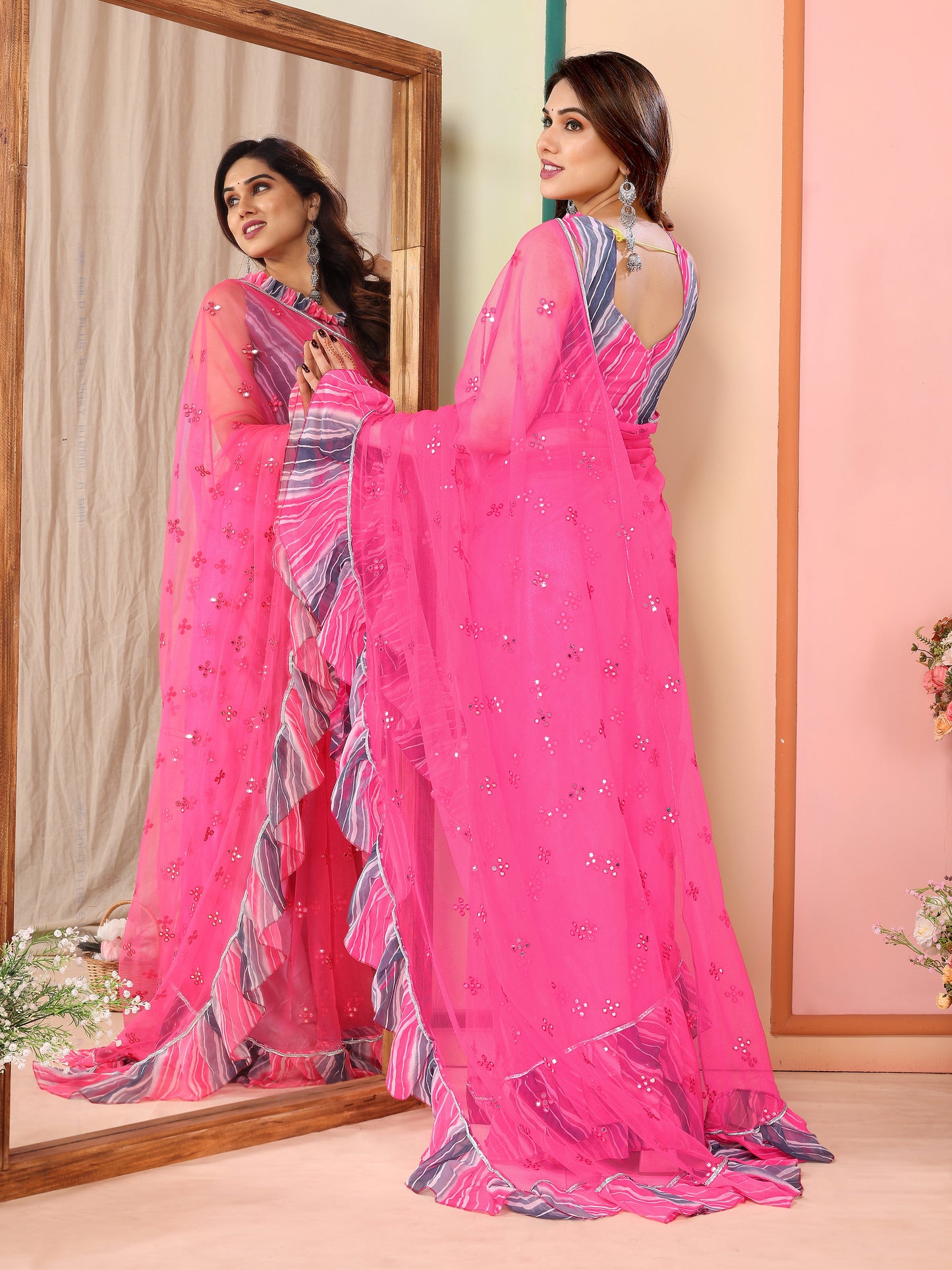 Blush Pink Net Saree | Mirror Work Grace with Ruffle Detailing