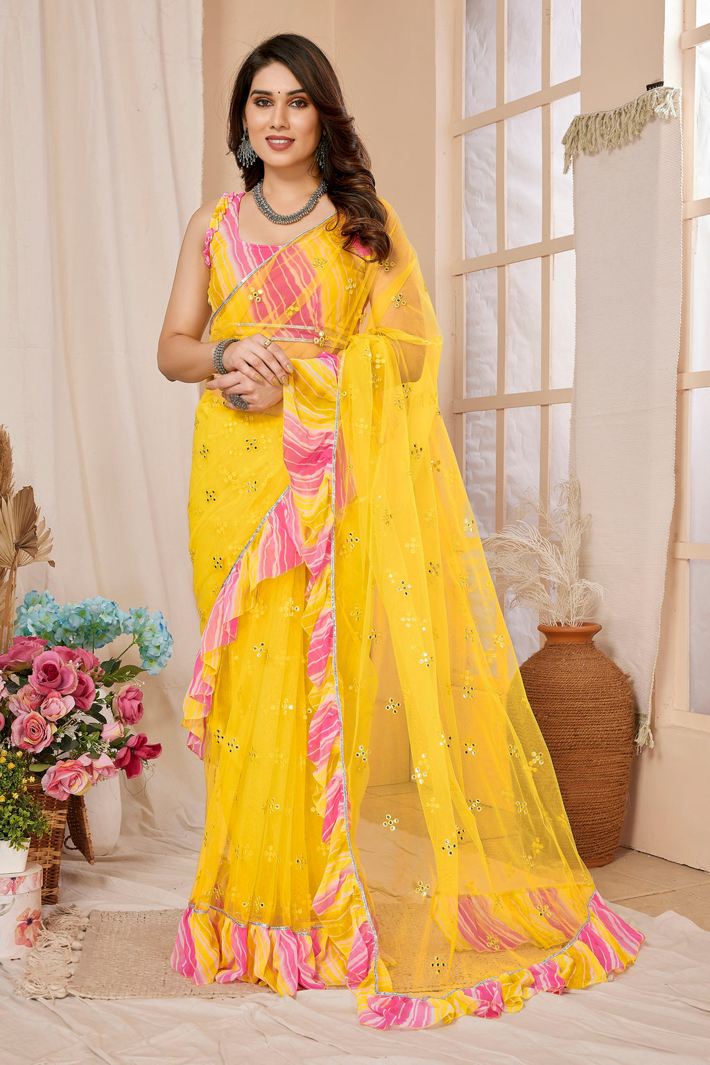 Sunny Yellow Net Saree | Mirror Work Radiance with Ruffle Detailing