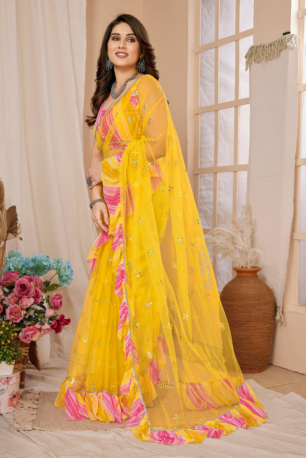 Sunny Yellow Net Saree | Mirror Work Radiance with Ruffle Detailing