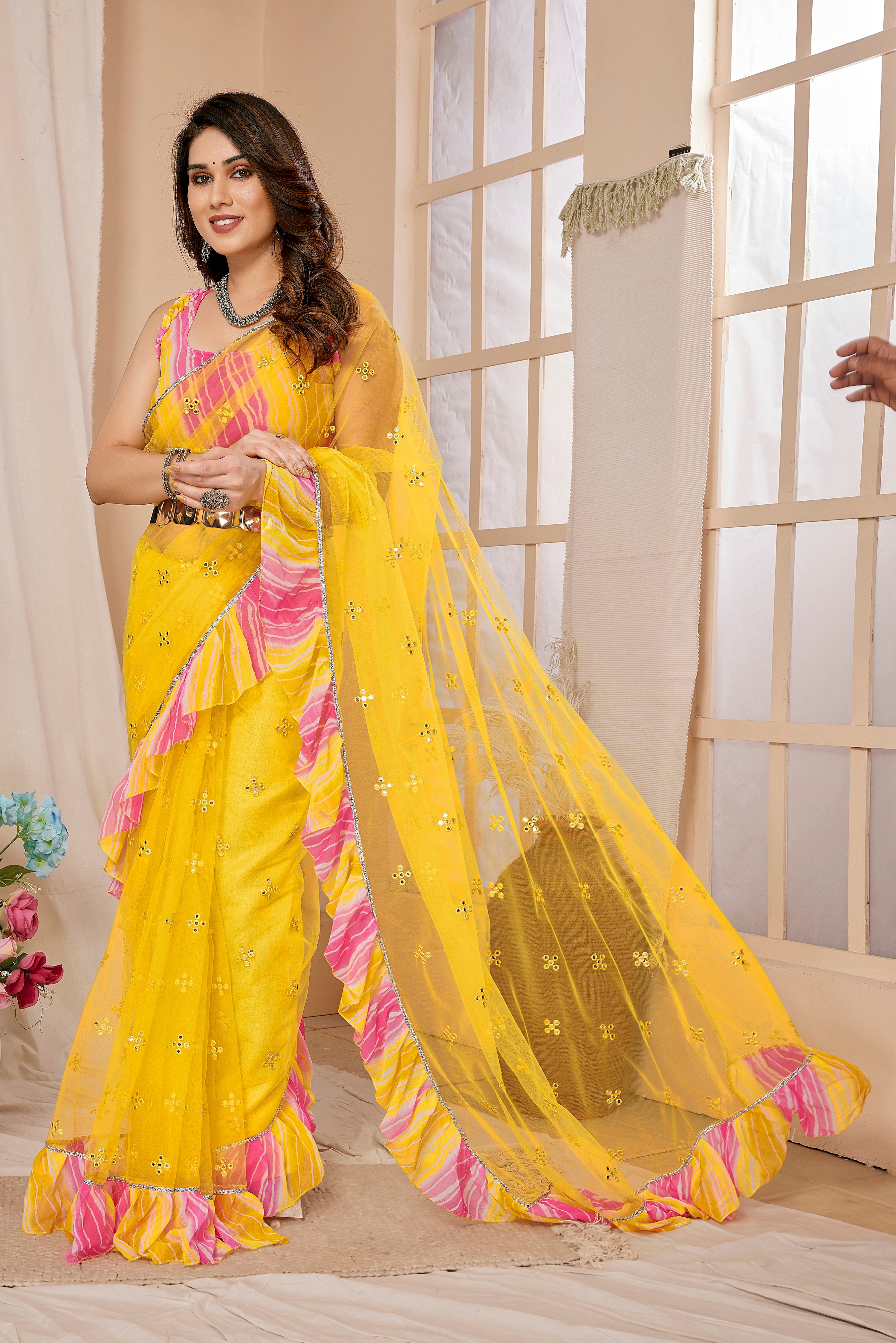 Sunny Yellow Net Saree | Mirror Work Radiance with Ruffle Detailing