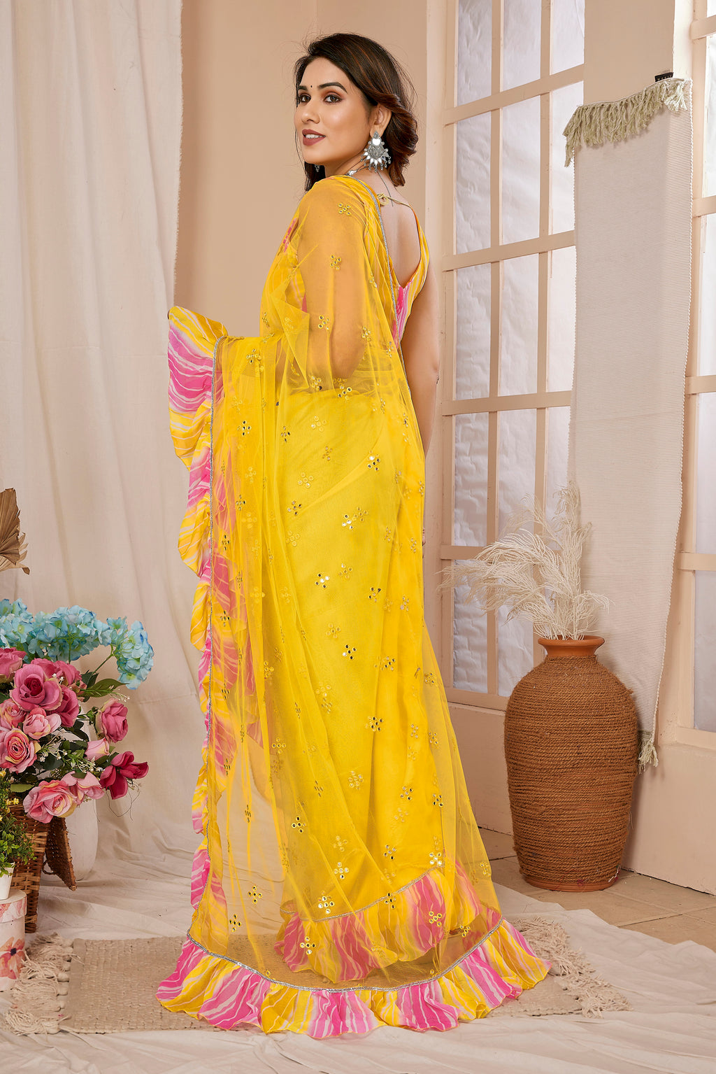 Sunny Yellow Net Saree | Mirror Work Radiance with Ruffle Detailing