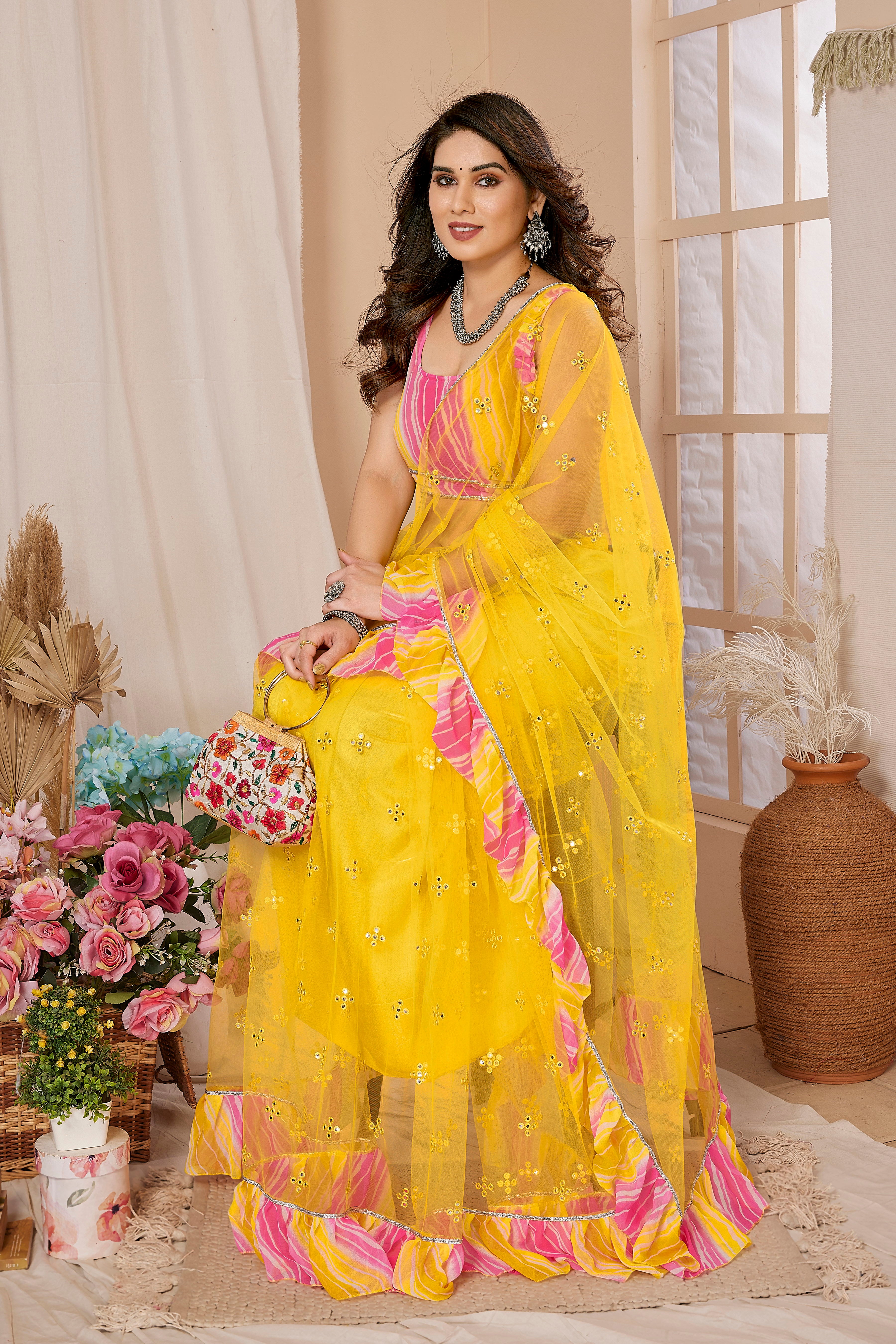 Sunny Yellow Net Saree | Mirror Work Radiance with Ruffle Detailing
