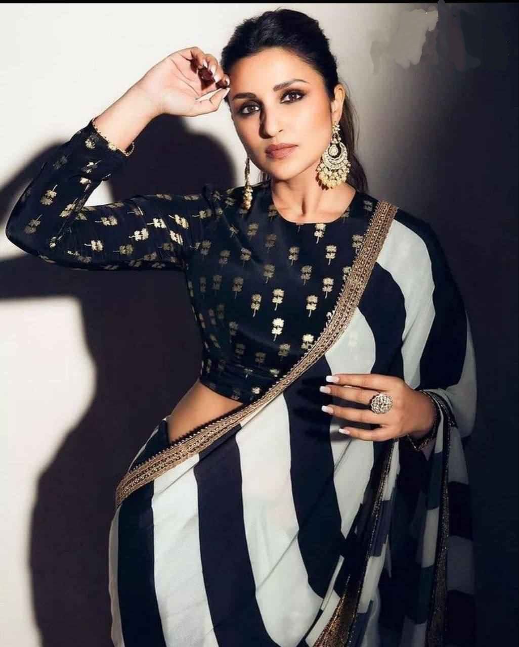 Midnight Black Georgette Saree | Embroidered Banglori Blouse Elegance