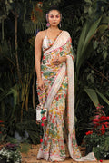Pure White Georgette Saree | Printed Blouse Harmony