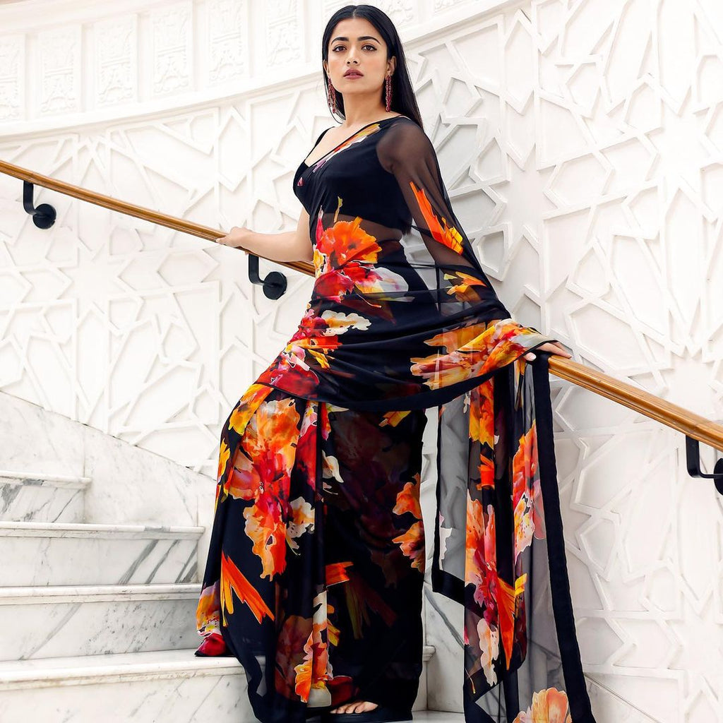 Midnight Black Digital Print Saree | Satin Patta Splendor